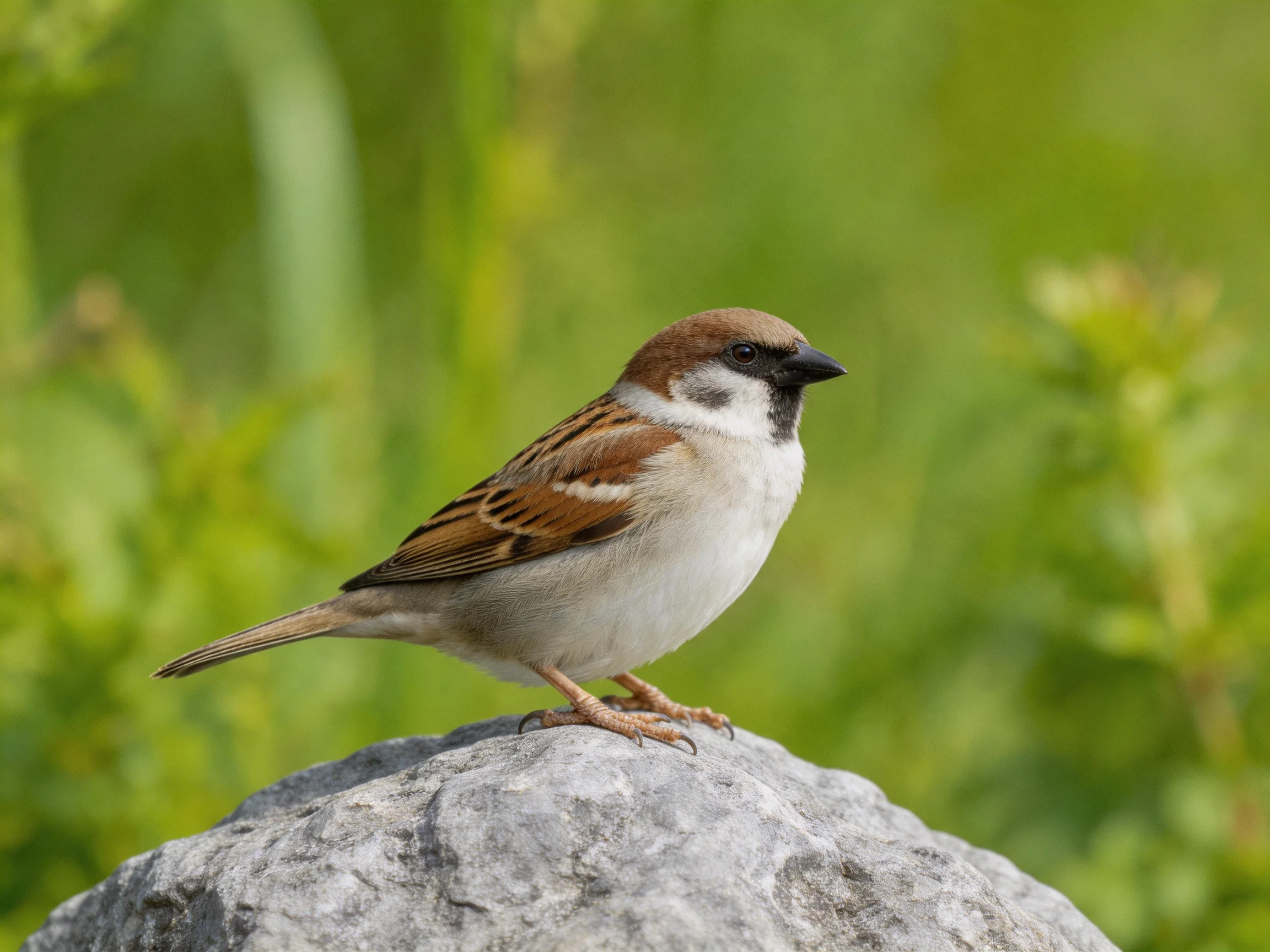 A brown and white sparrow perched on a gray rock