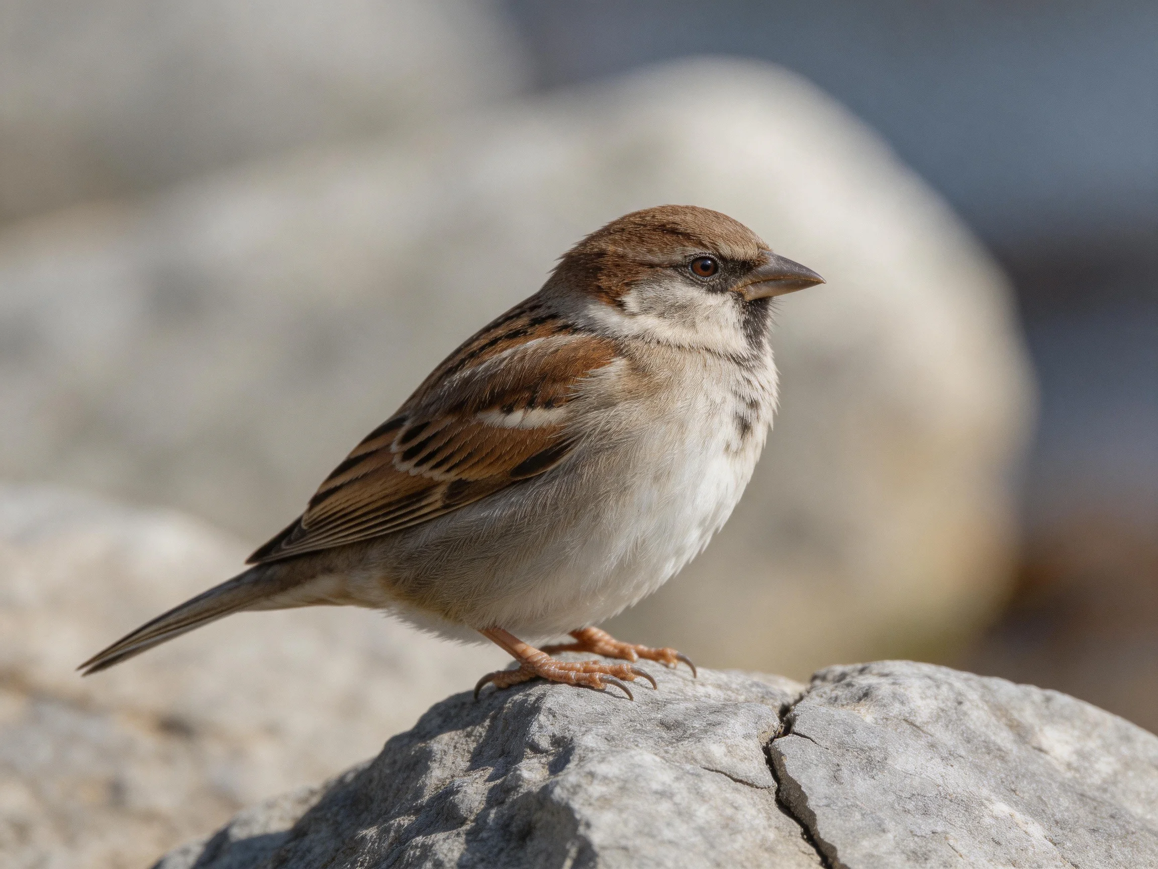 A brown and white sparrow perched on a gray rock