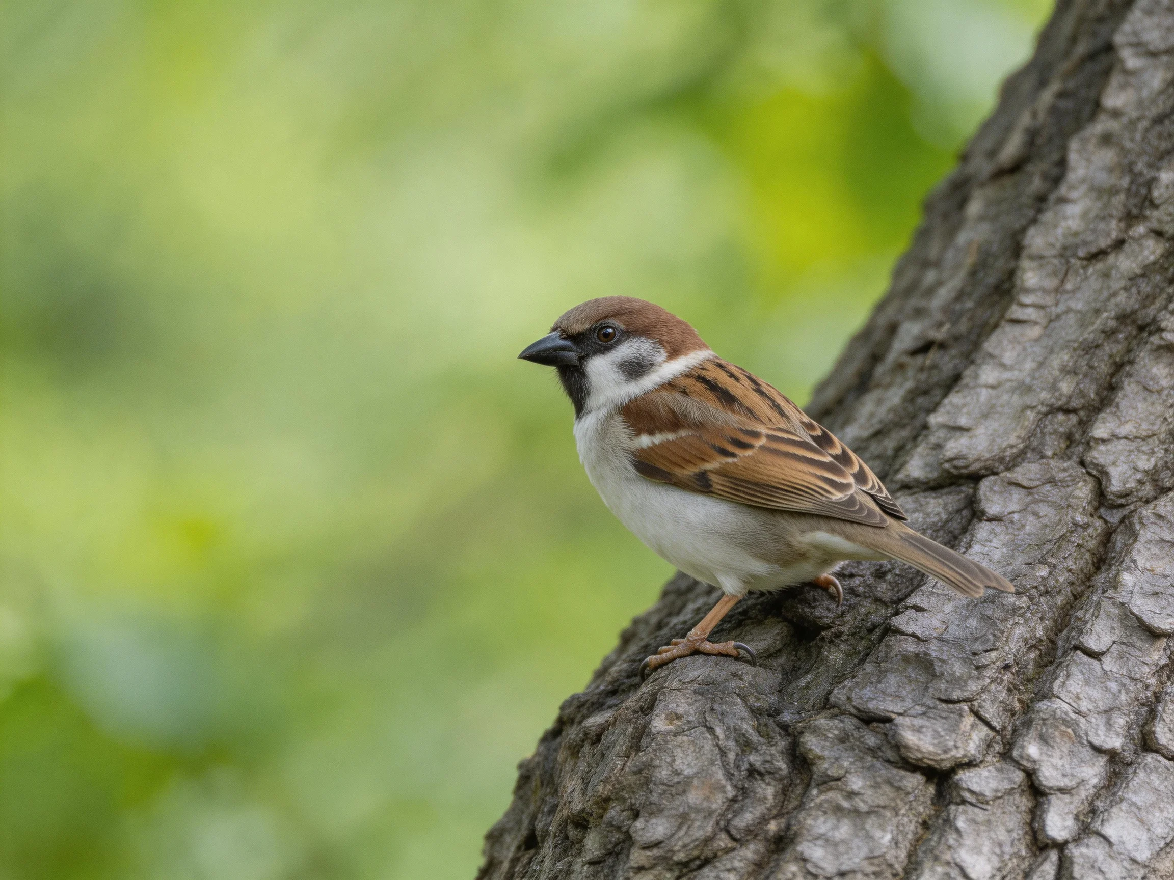 A brown and white sparrow perched on a rough-textured tree trunk