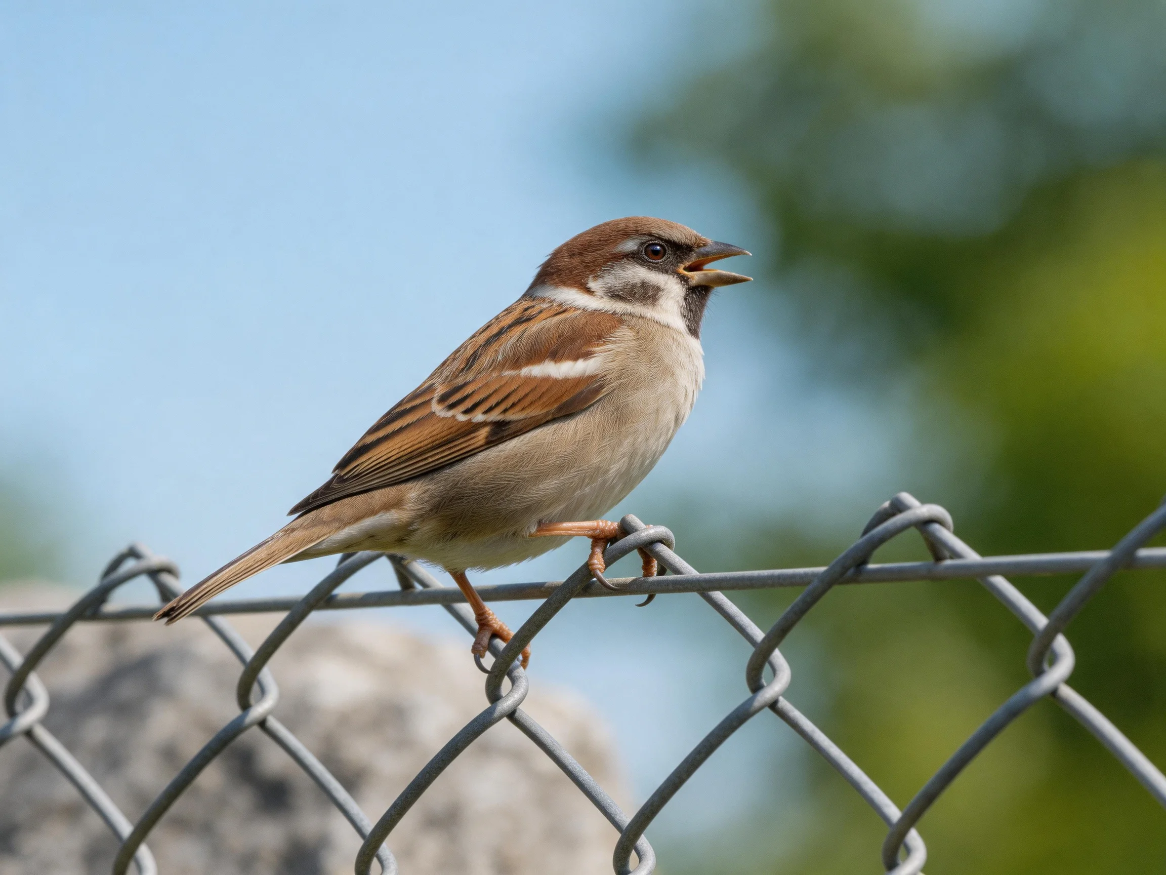 A brown and white sparrow perched on a silver chain-link fence