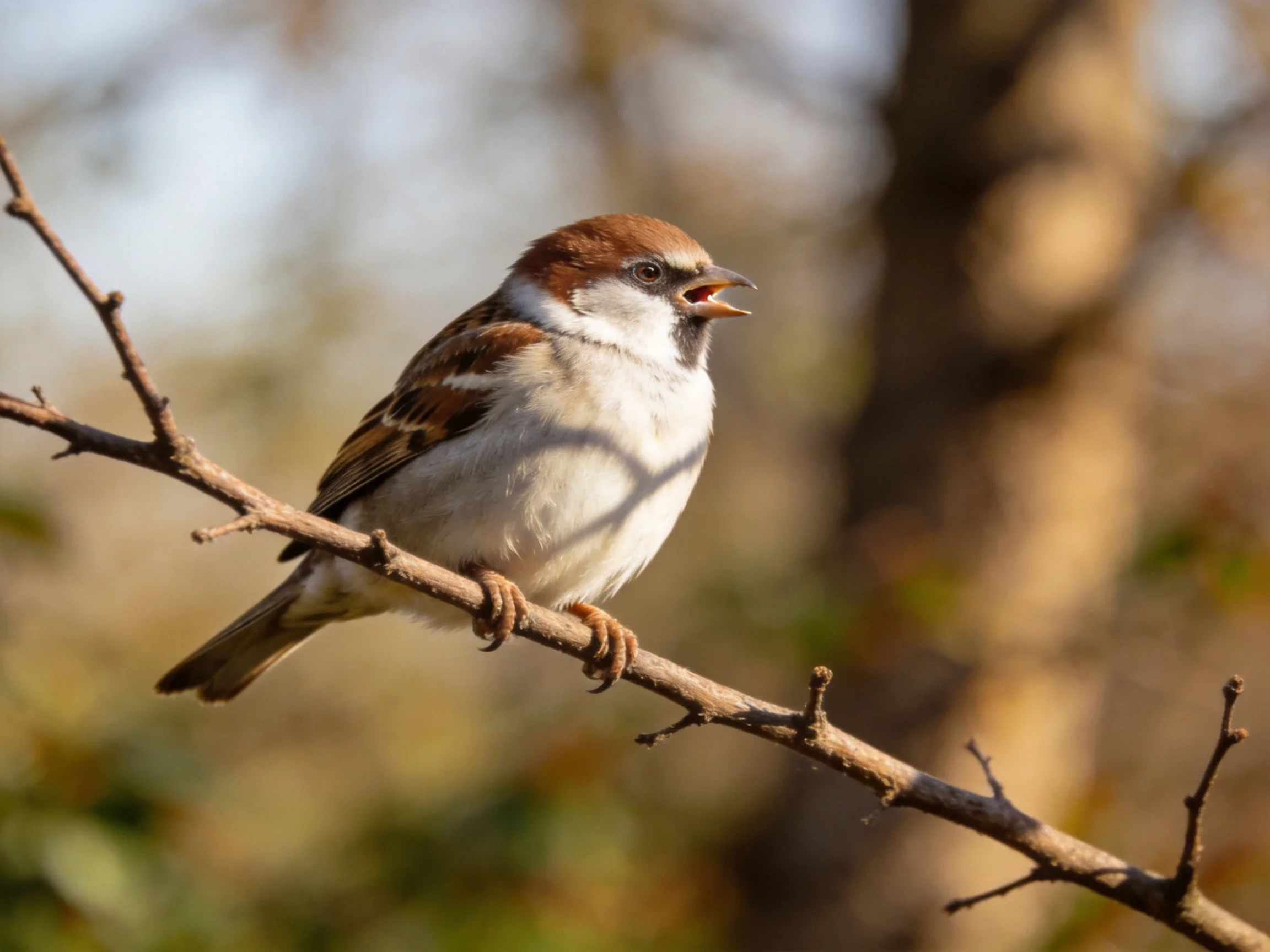 A brown and white sparrow perched on a thin tree branch