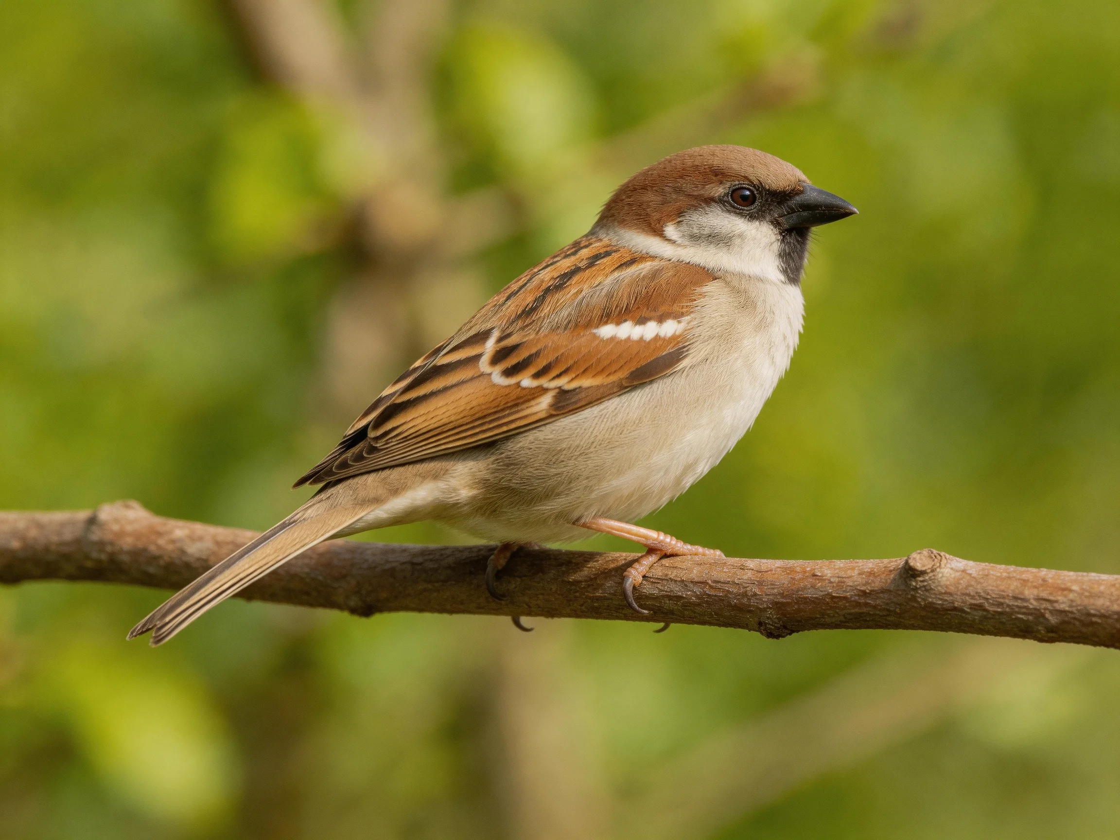 A brown and white sparrow perched on a wooden branch