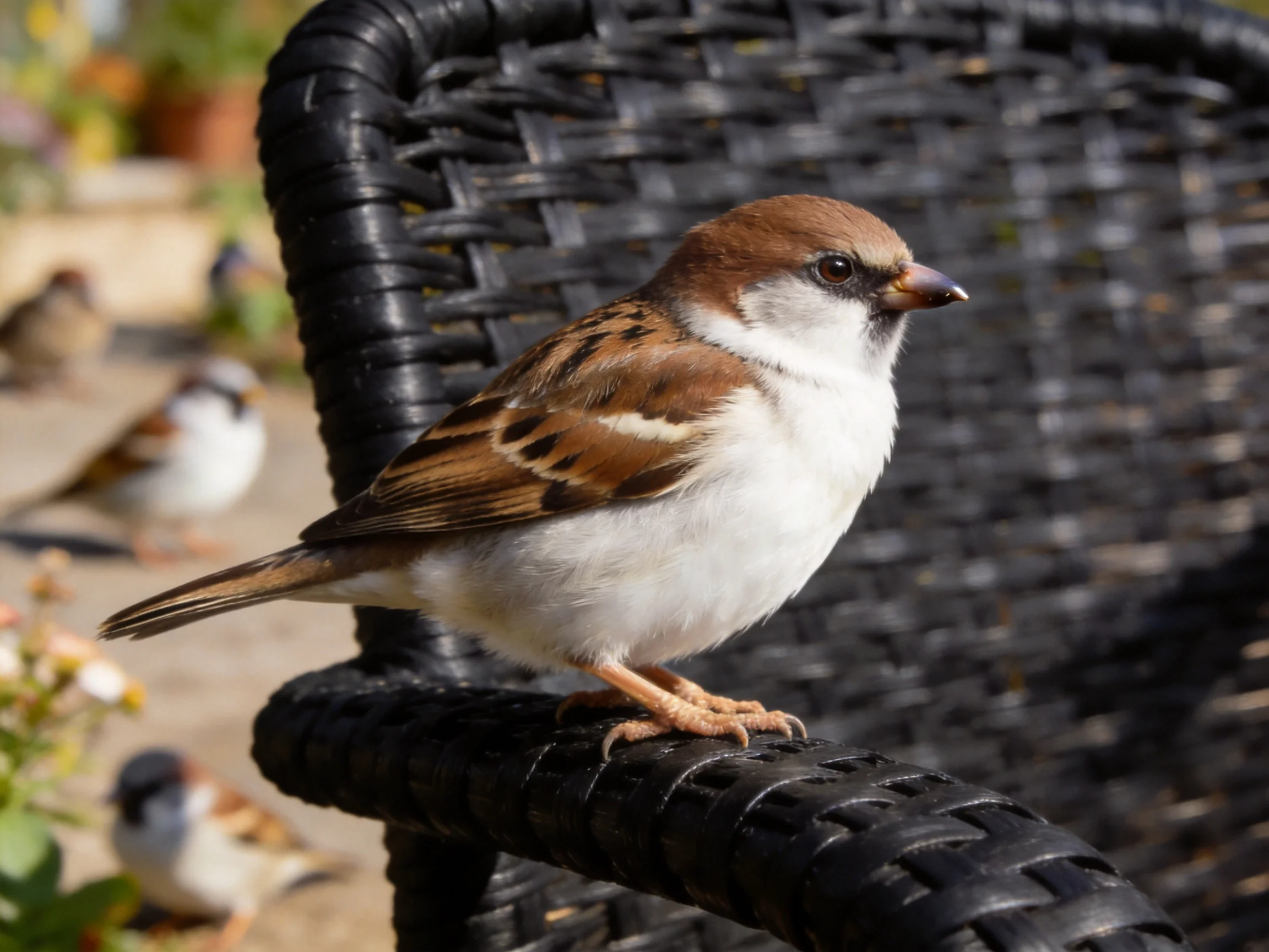 A brown and white sparrow perches on a dark wicker chair with other birds nearby