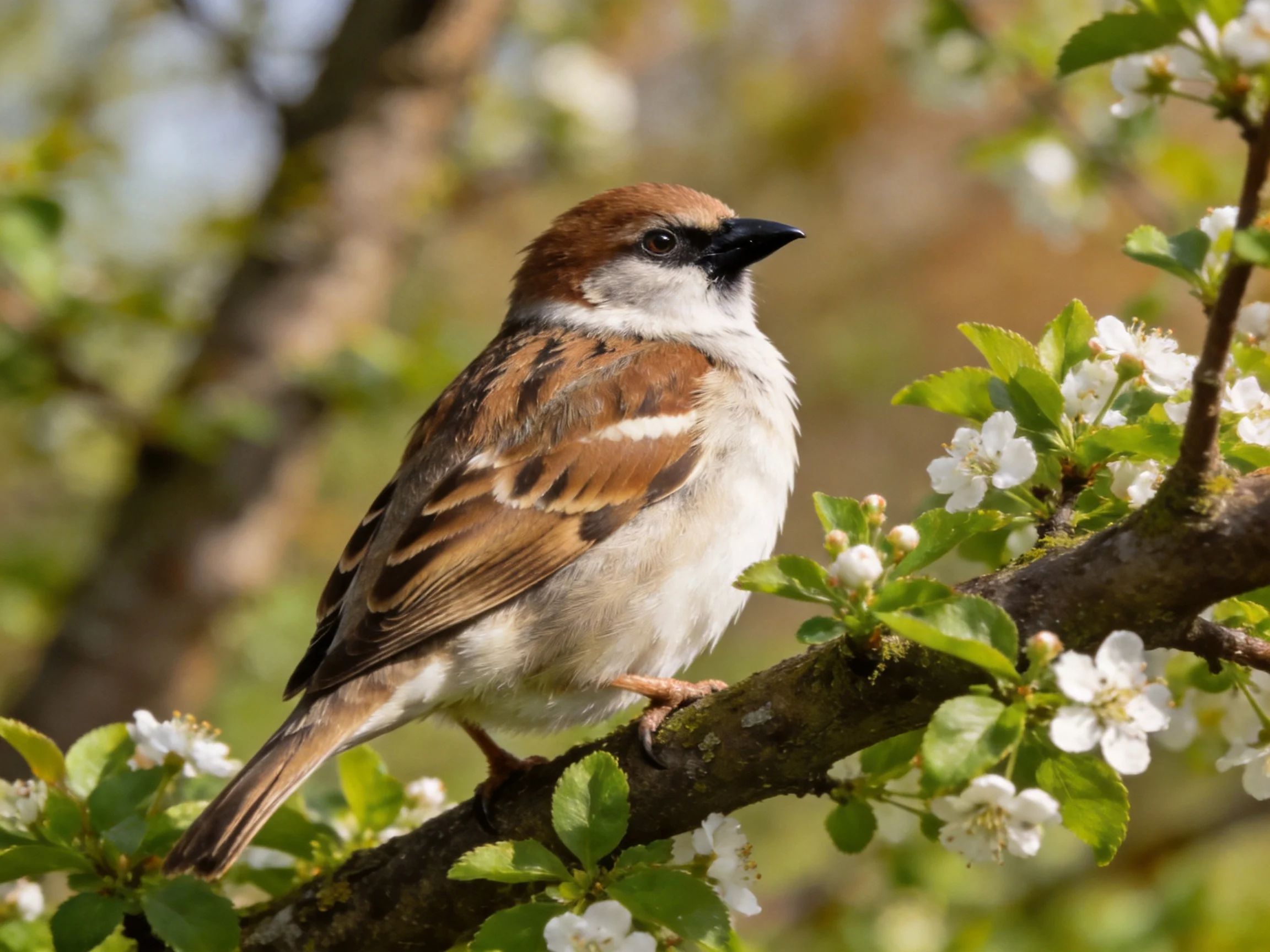 A brown and white sparrow perches on a flowering tree branch