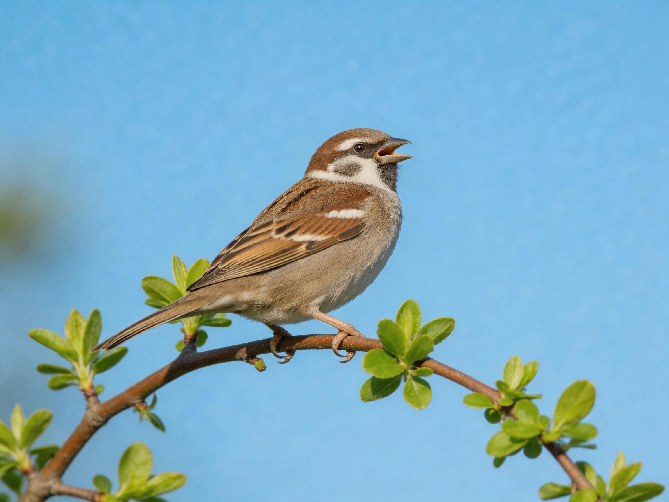 A brown and white sparrow perches on a leafy branch against clear blue sky