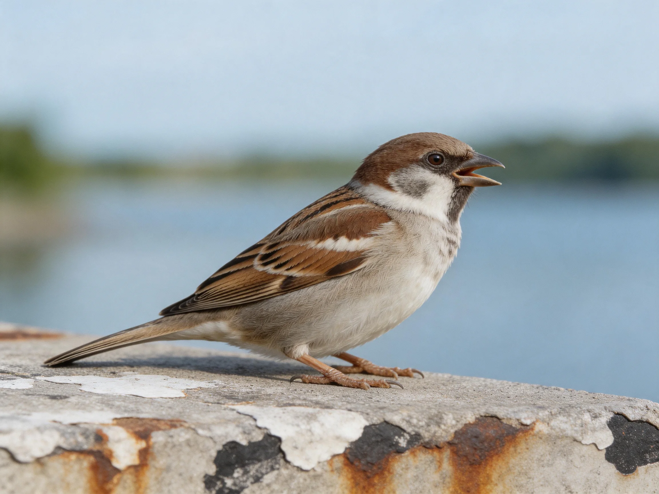 A brown and white sparrow perches on a weathered concrete ledge by calm water