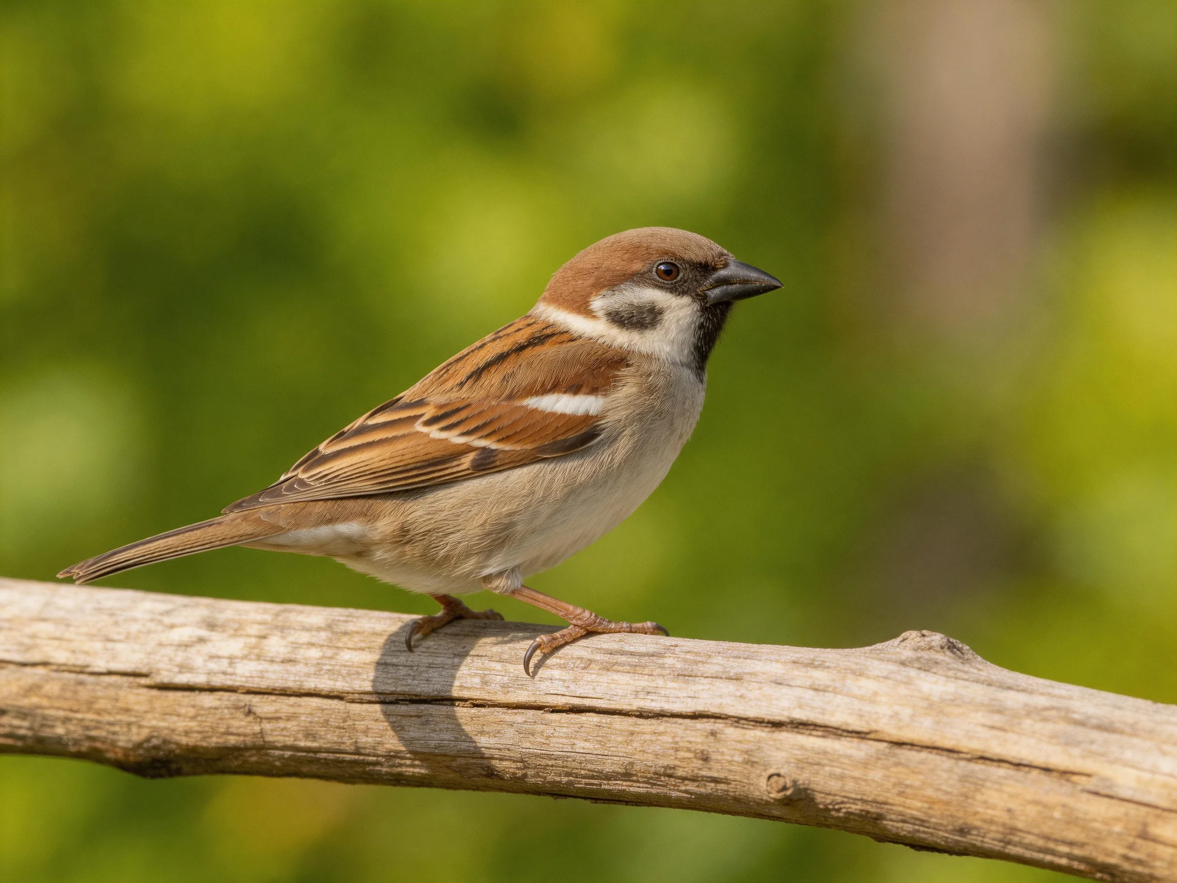 A brown and white sparrow perches on a weathered wooden branch