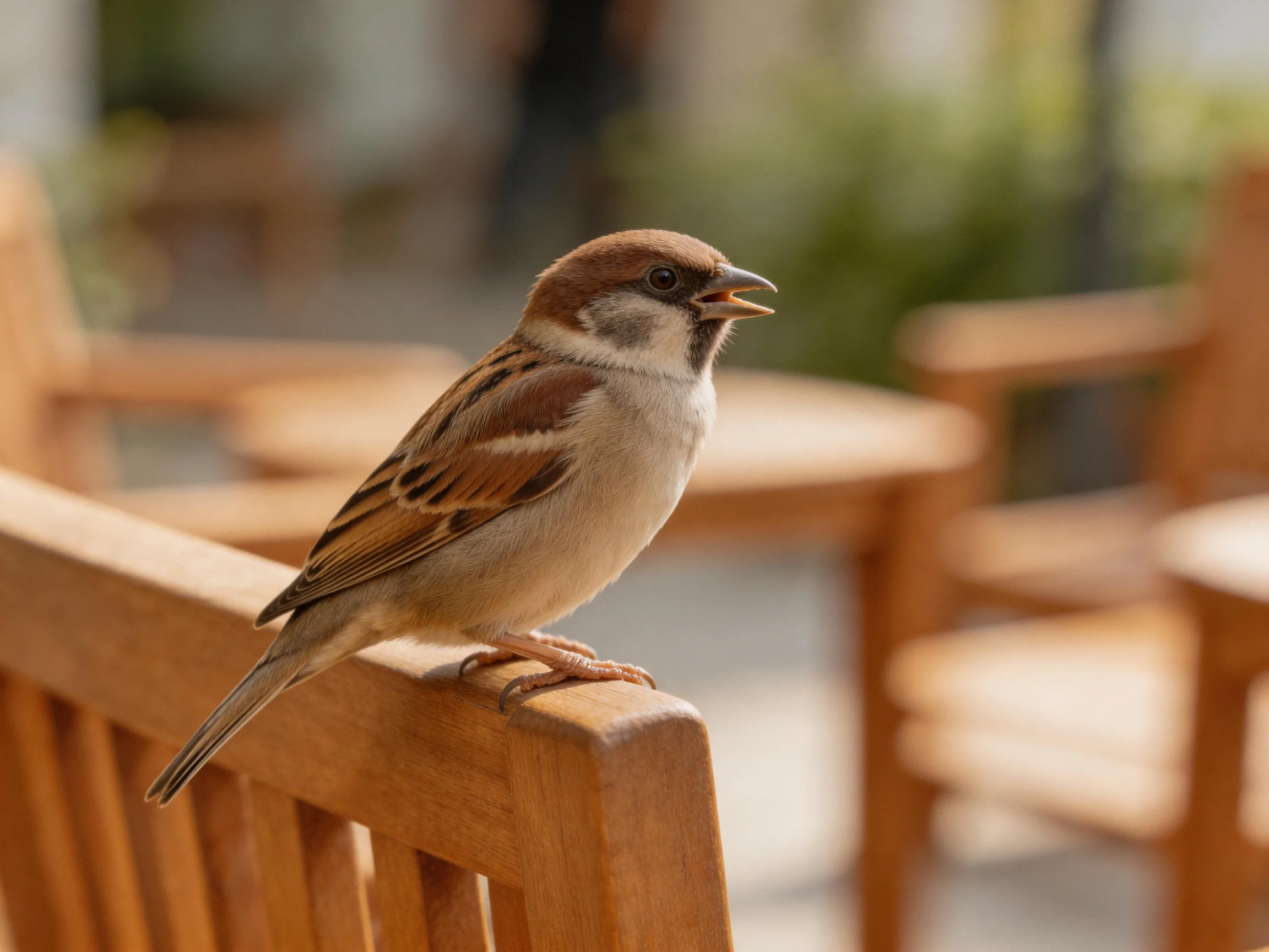 A brown and white sparrow perches on a wooden outdoor chair