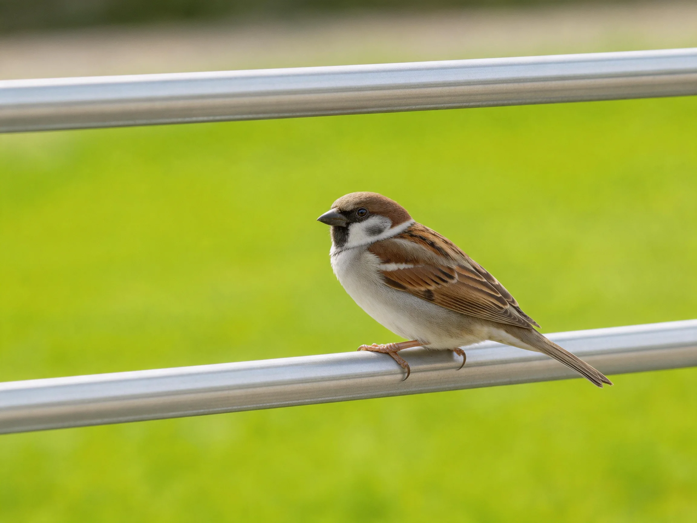 A brown and white sparrow perches on metallic bars