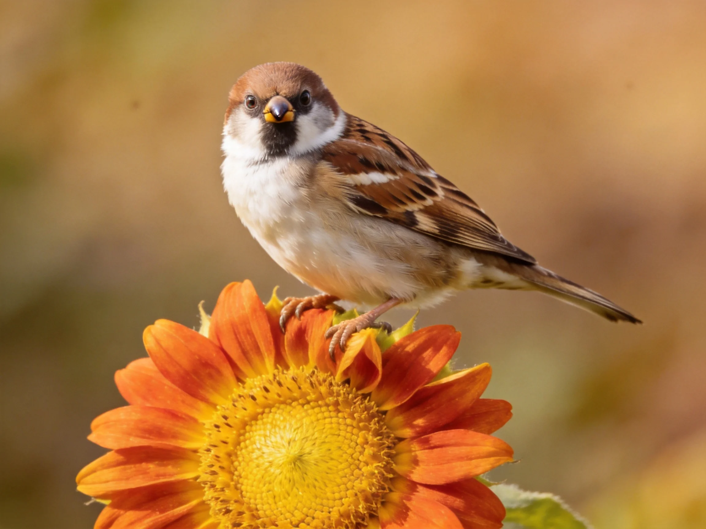 A brown and white sparrow rests on a vibrant orange-yellow flower