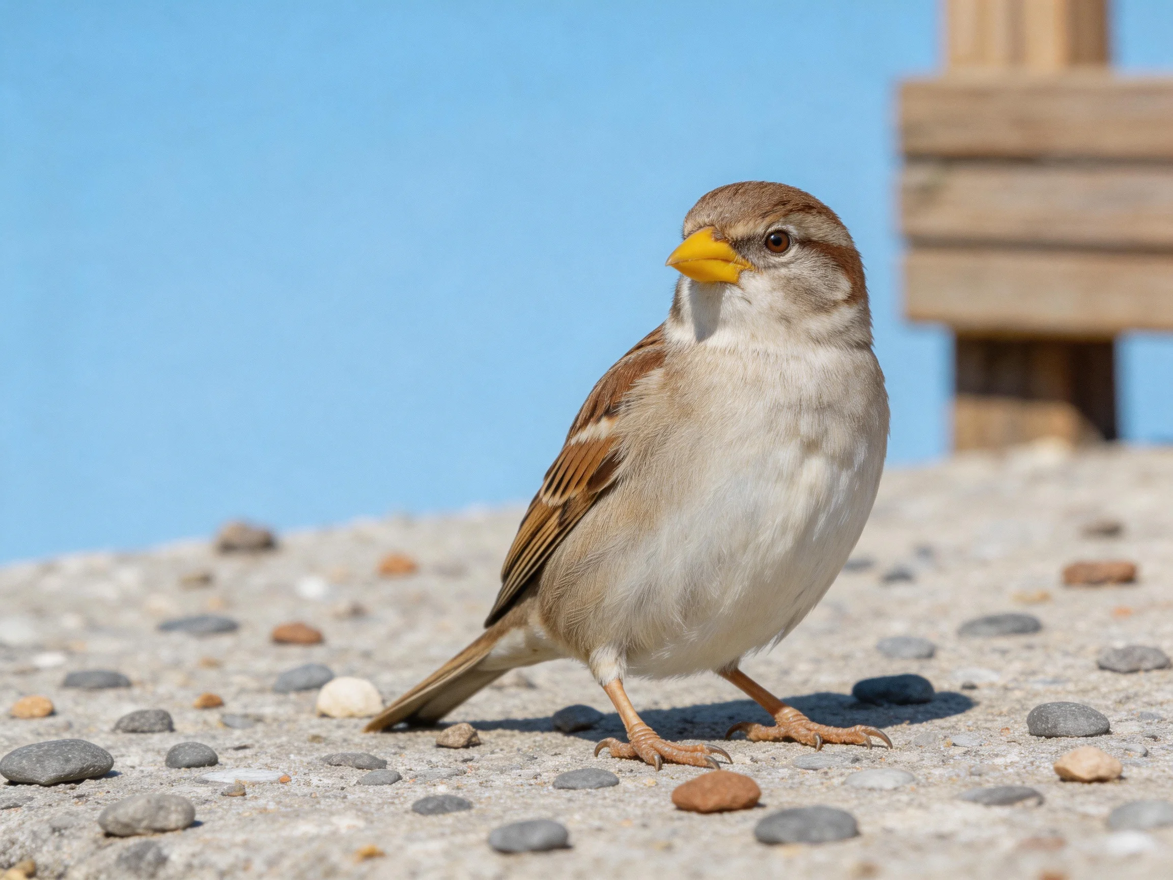 A brown and white sparrow with a yellow beak on a pebbly surface