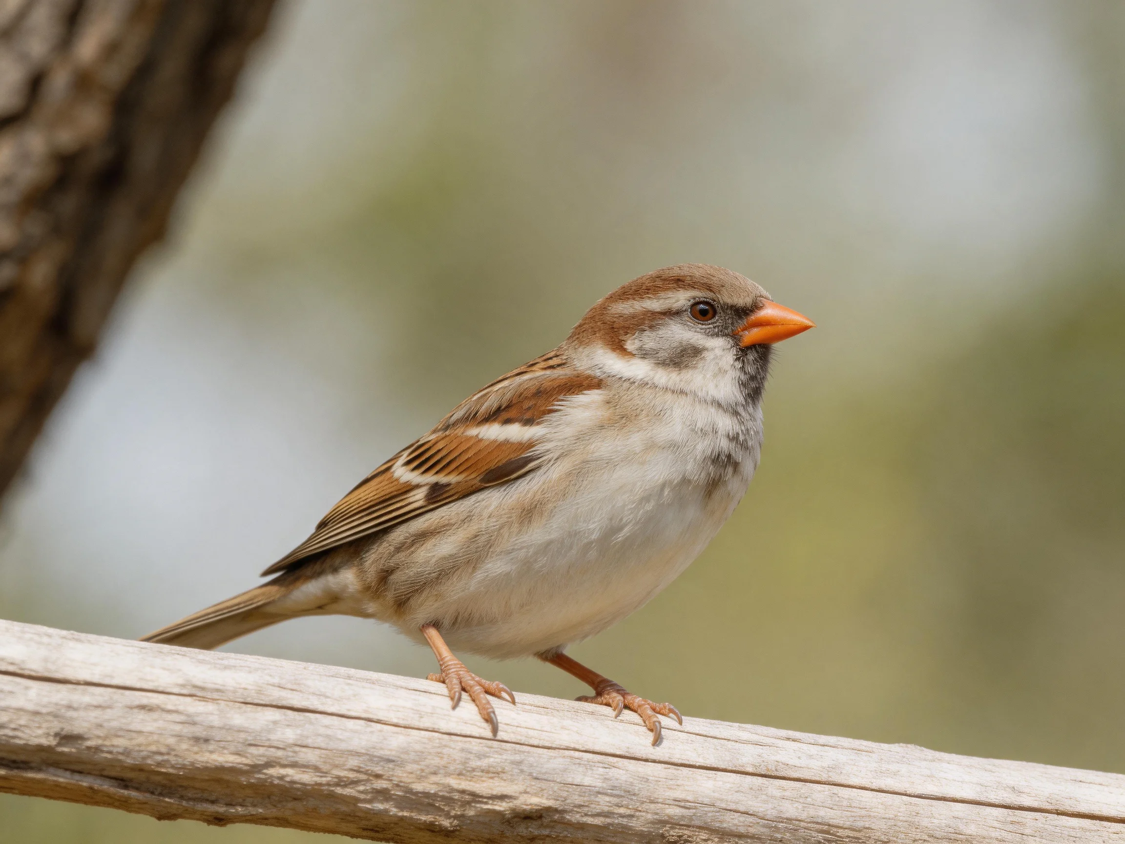A brown and white sparrow with an orange beak perches on a weathered wooden branch.