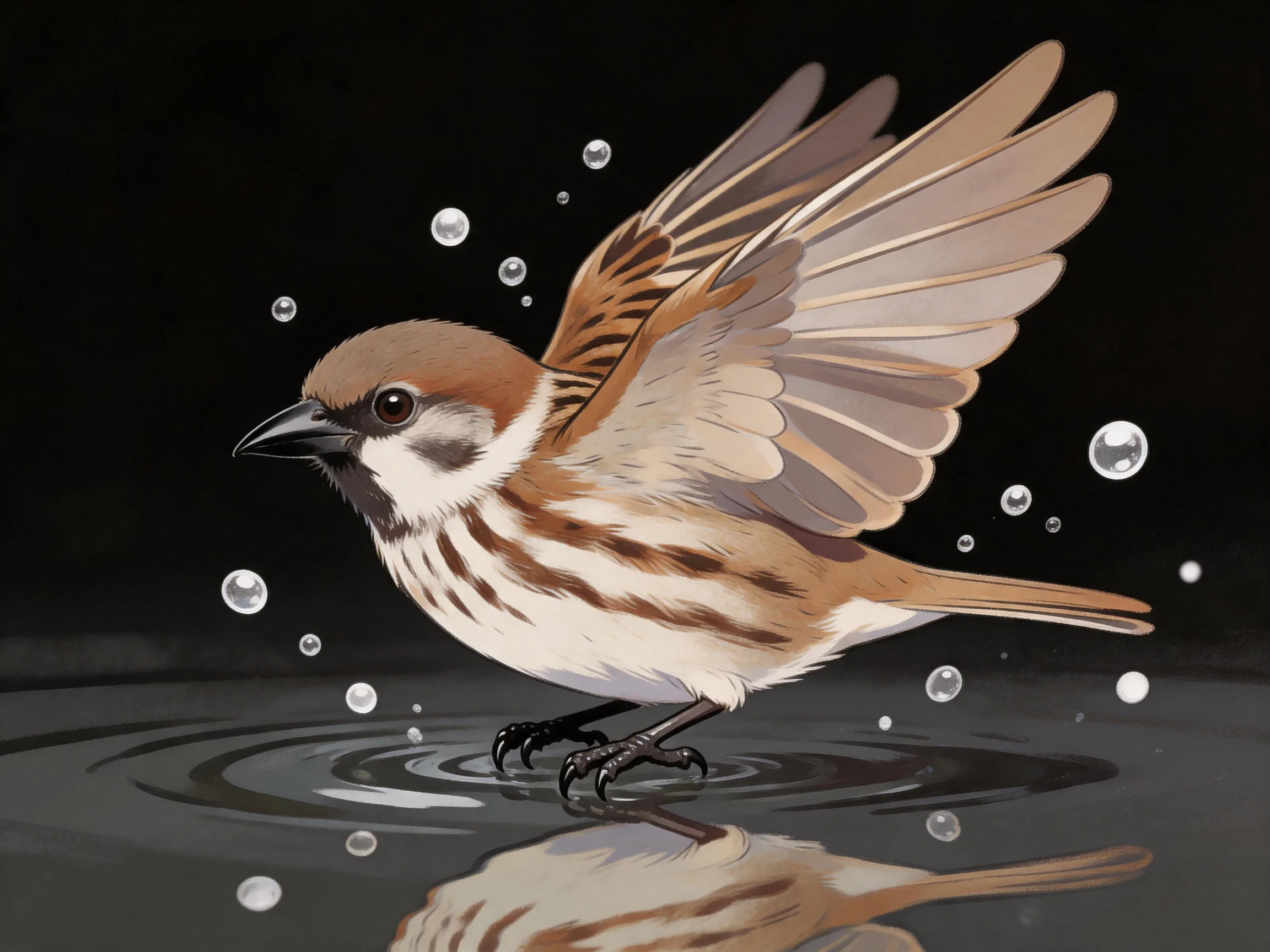 A brown and white sparrow with outstretched wings near waterbubbles