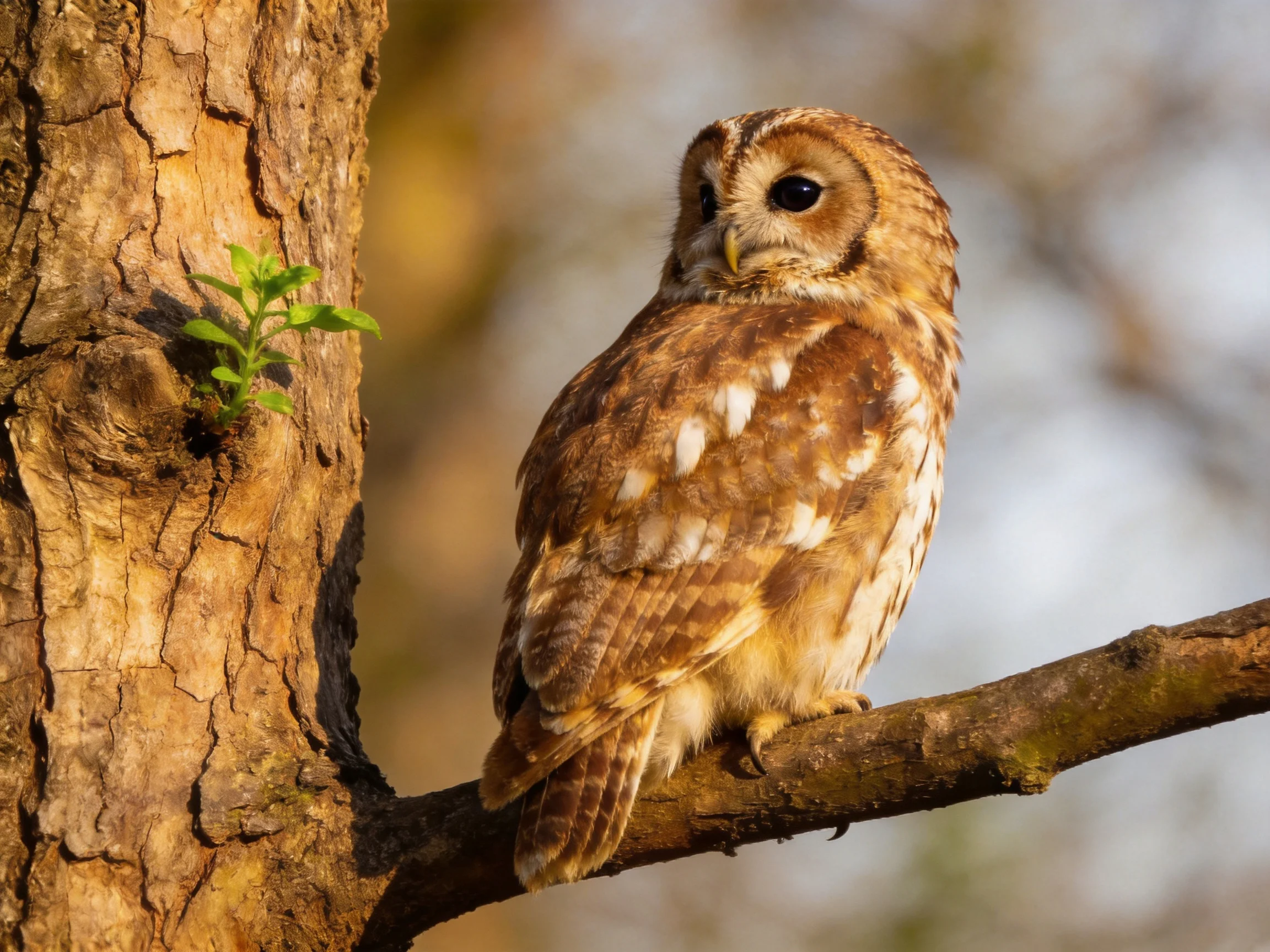 A brown and white spotted owl perched on a gnarled tree branch