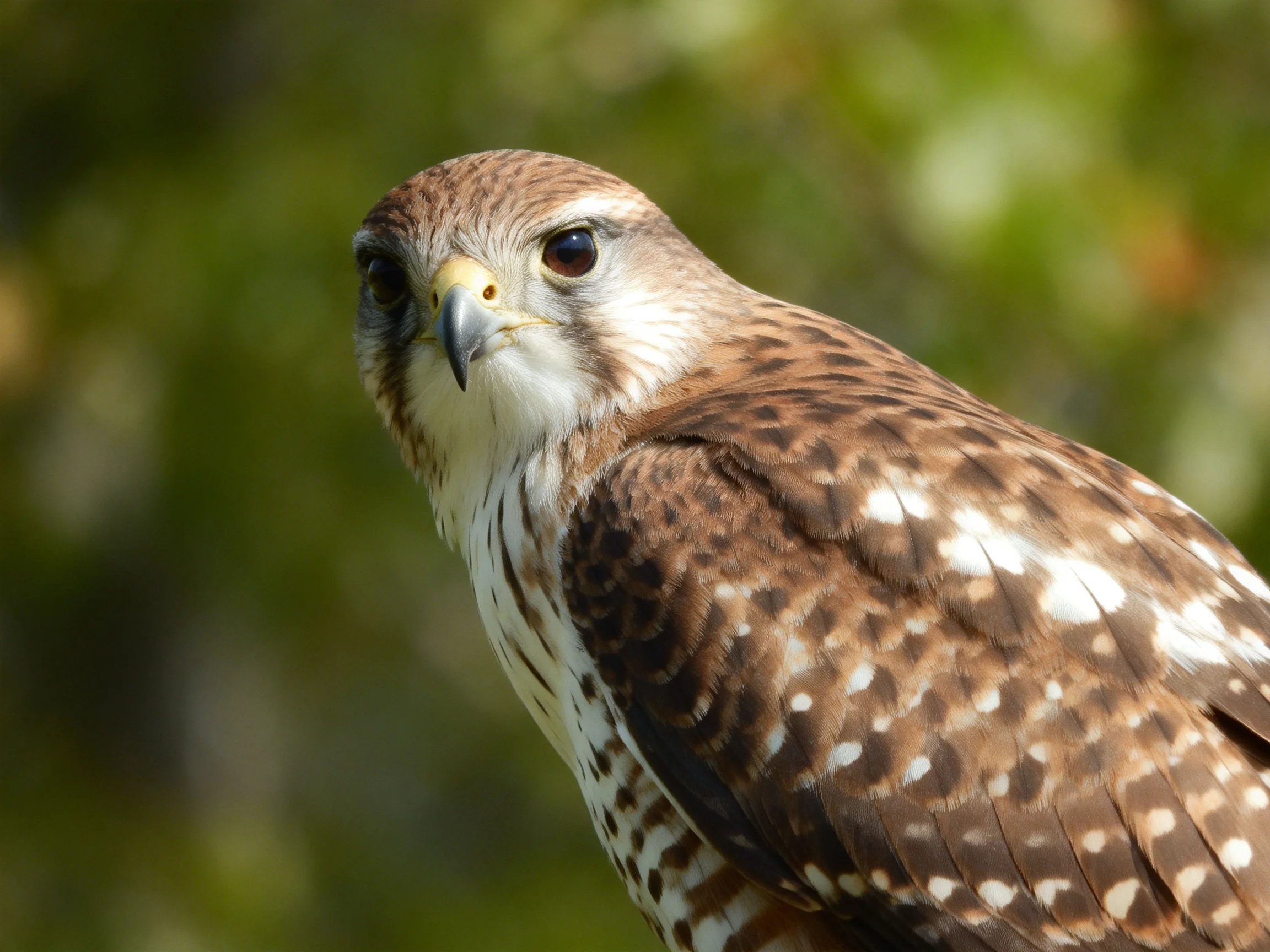 A brown and white spotted raptor with a yellow beak