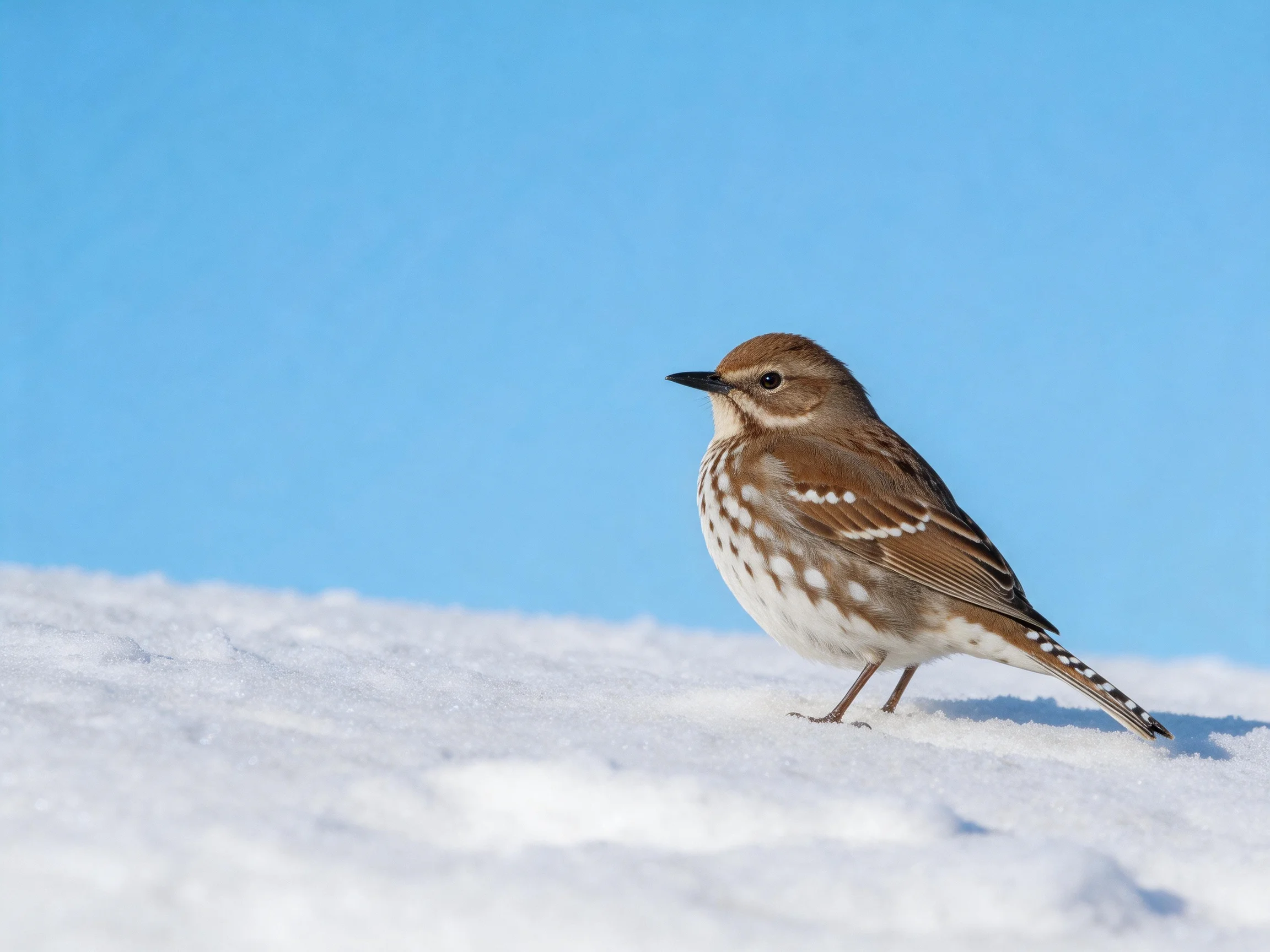 A brown and white spotted songbird on snow with blue sky