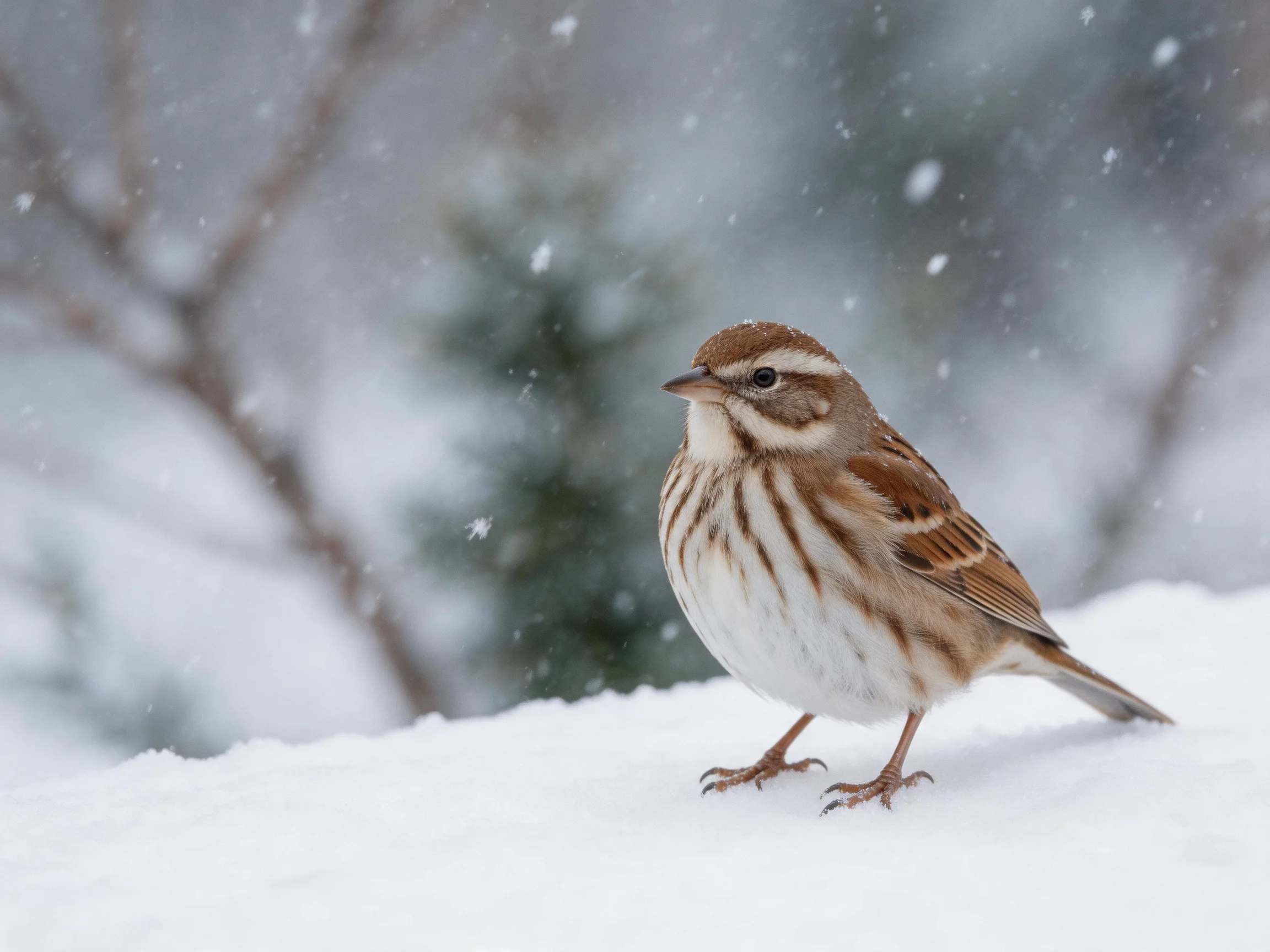 A brown and white striped sparrow stands on snow during a snowfall.