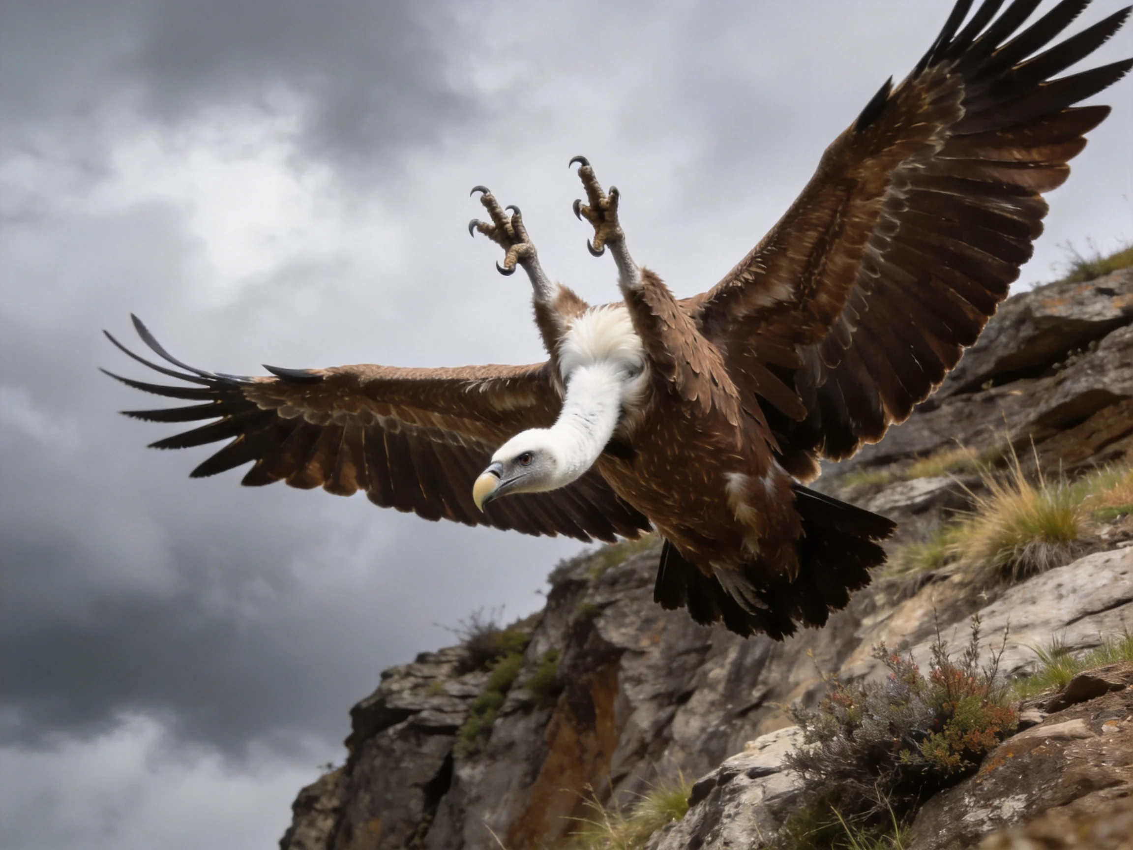 A brown and white vulture descends toward rocky cliffs under stormy skies