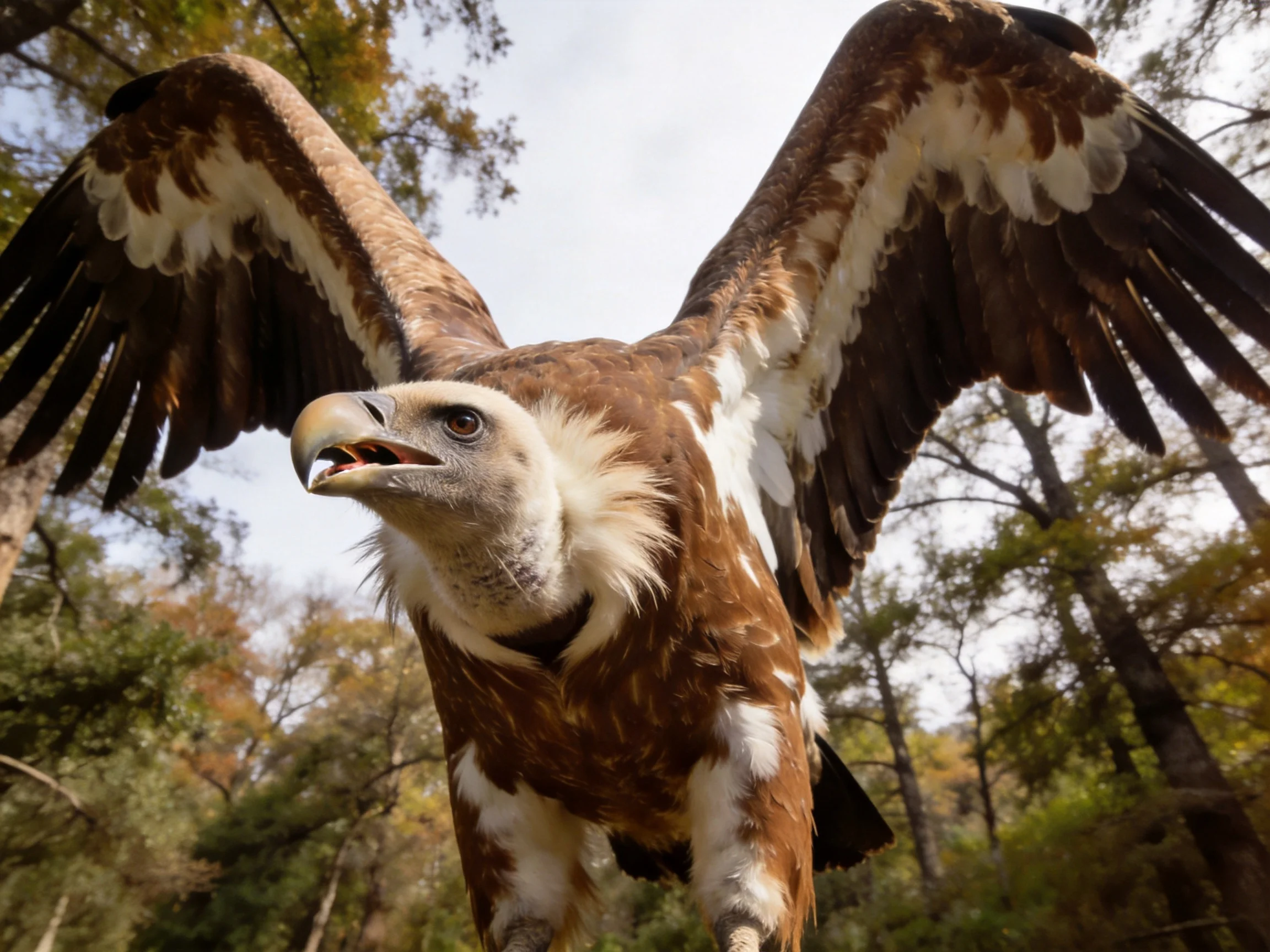 A brown and white vulture spreading wingsin a wooded area