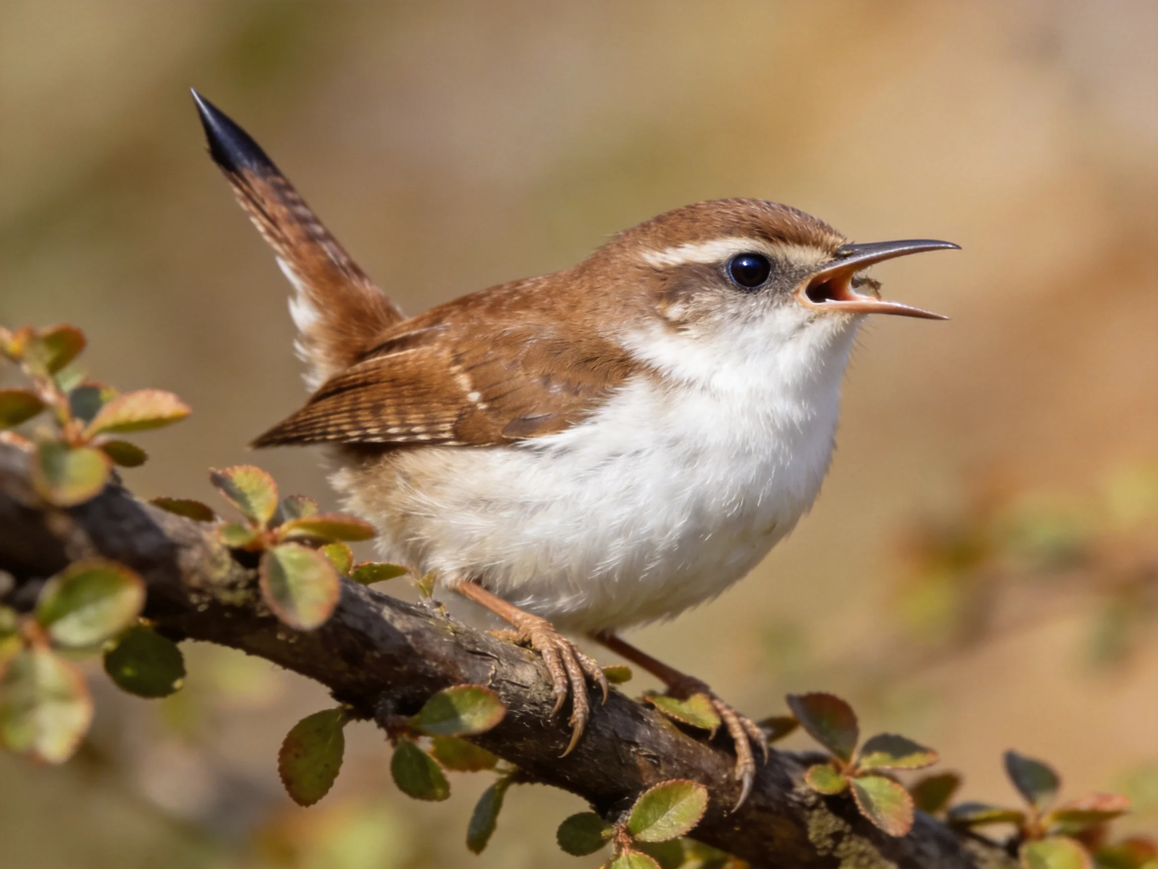 A brown and white wren sings while perched on a leafy branch