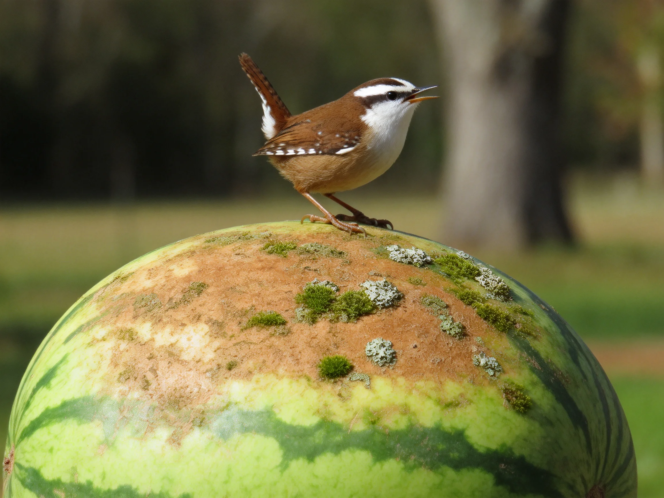 A brown and white wren perches on a moss-covered, aged watermelon