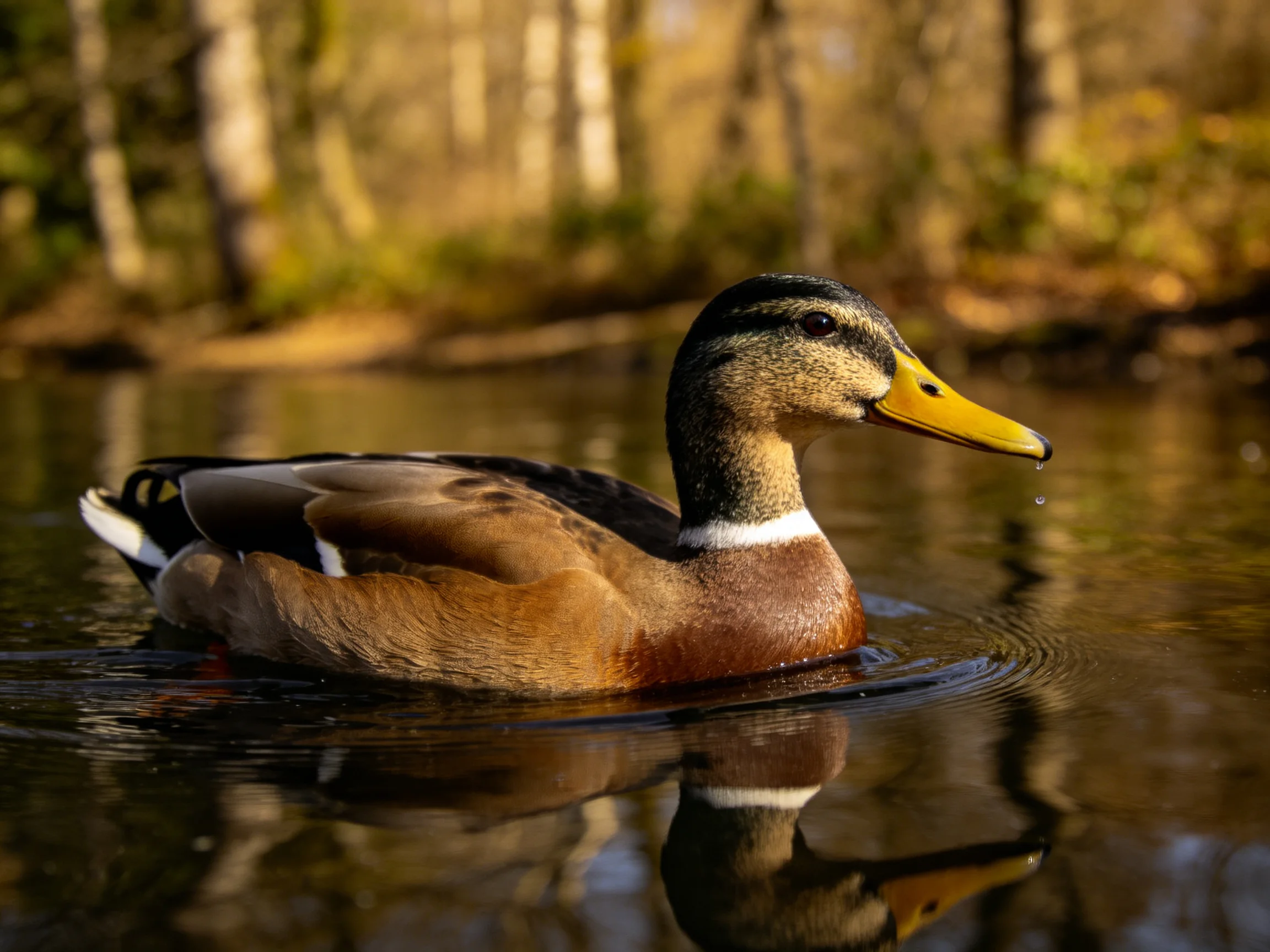 A brown and yellow duck swims in calm water with tree-lined background