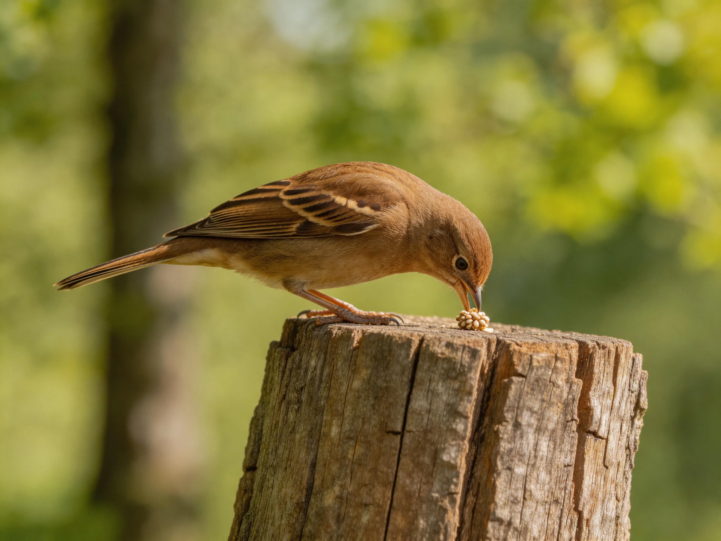 A brown bird feeding on seeds atop a weathered wooden stump