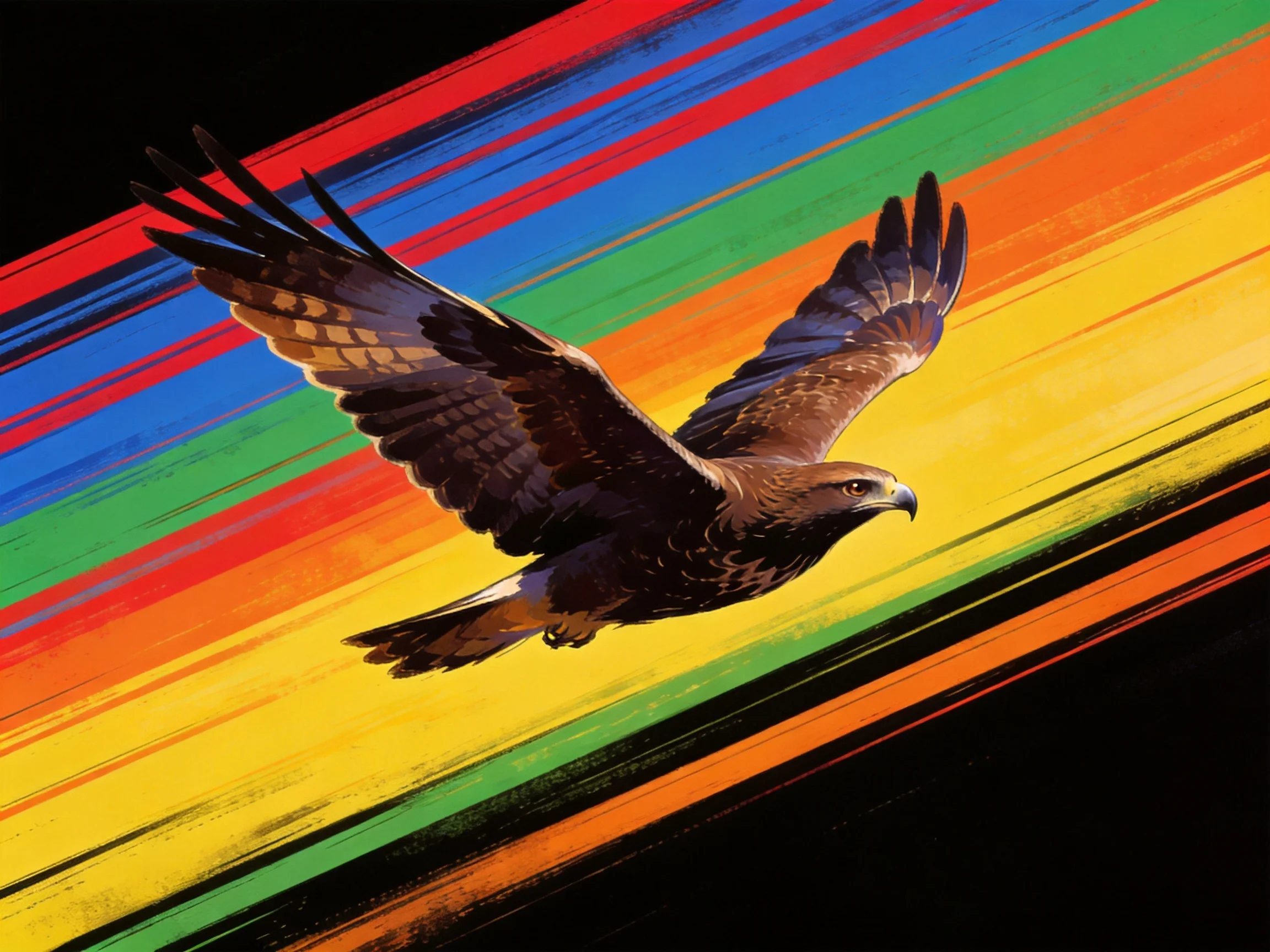 A brown bird of prey flies among bright diagonal rainbow stripes