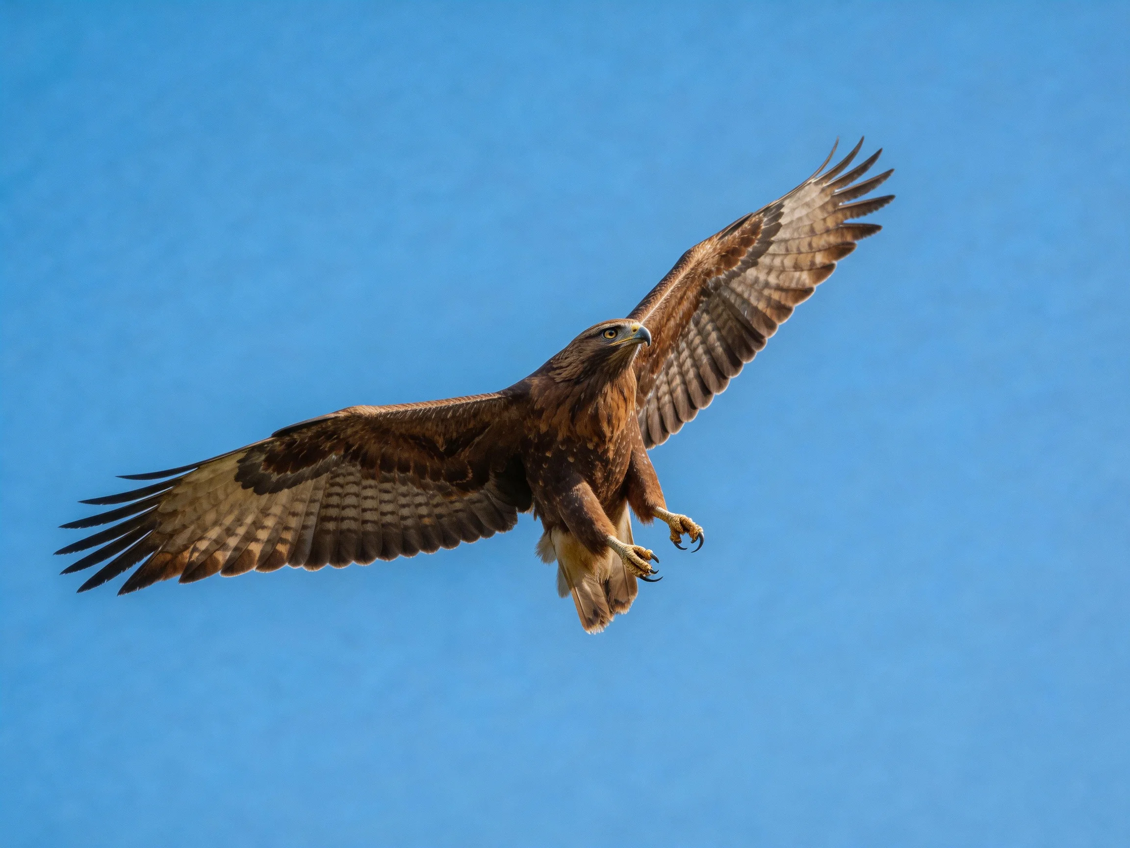 A brown bird of prey flies with outstretched wings against a clear blue sky