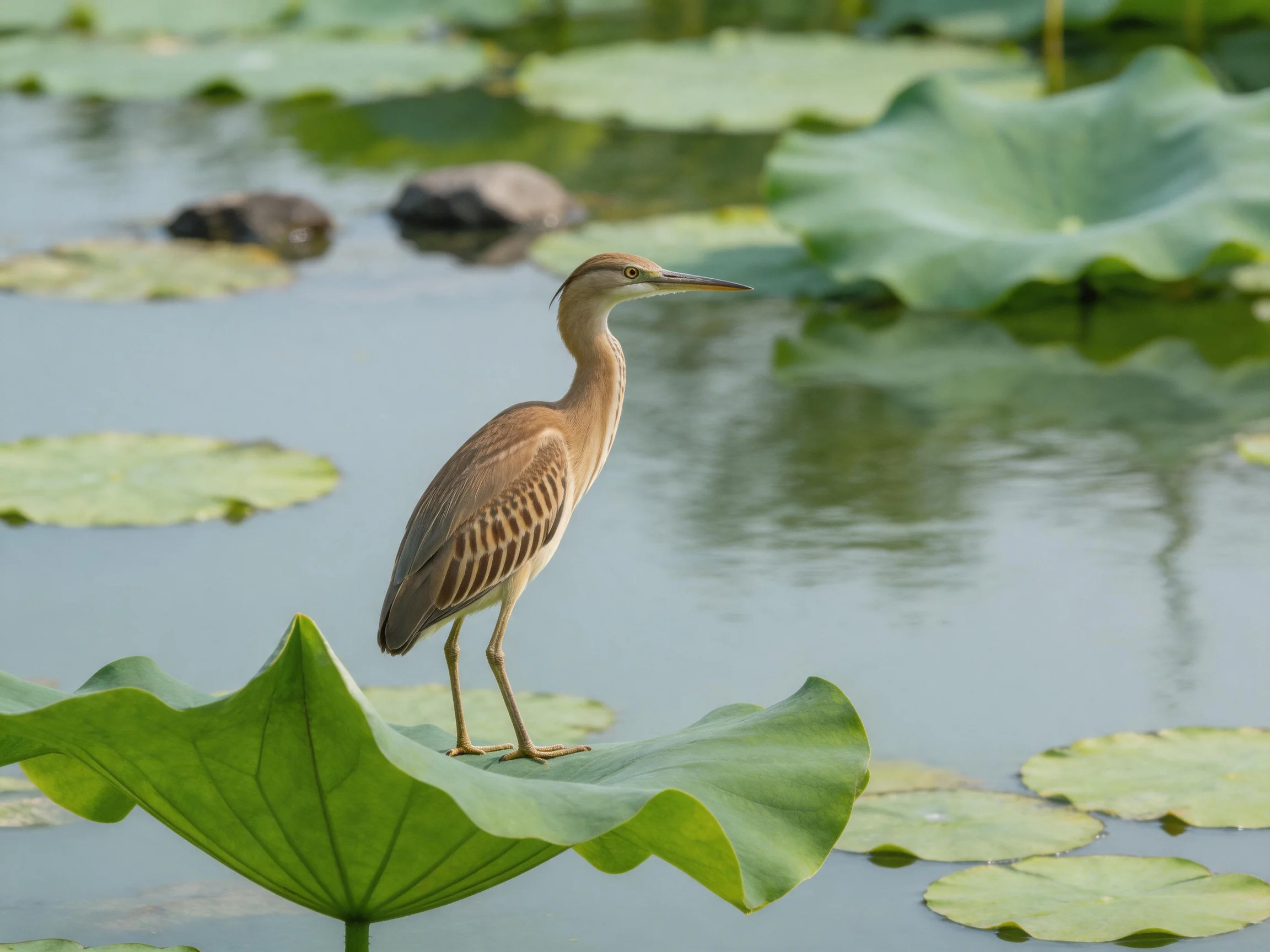 A brown bird perched on a large green lotus leaf among water lilies