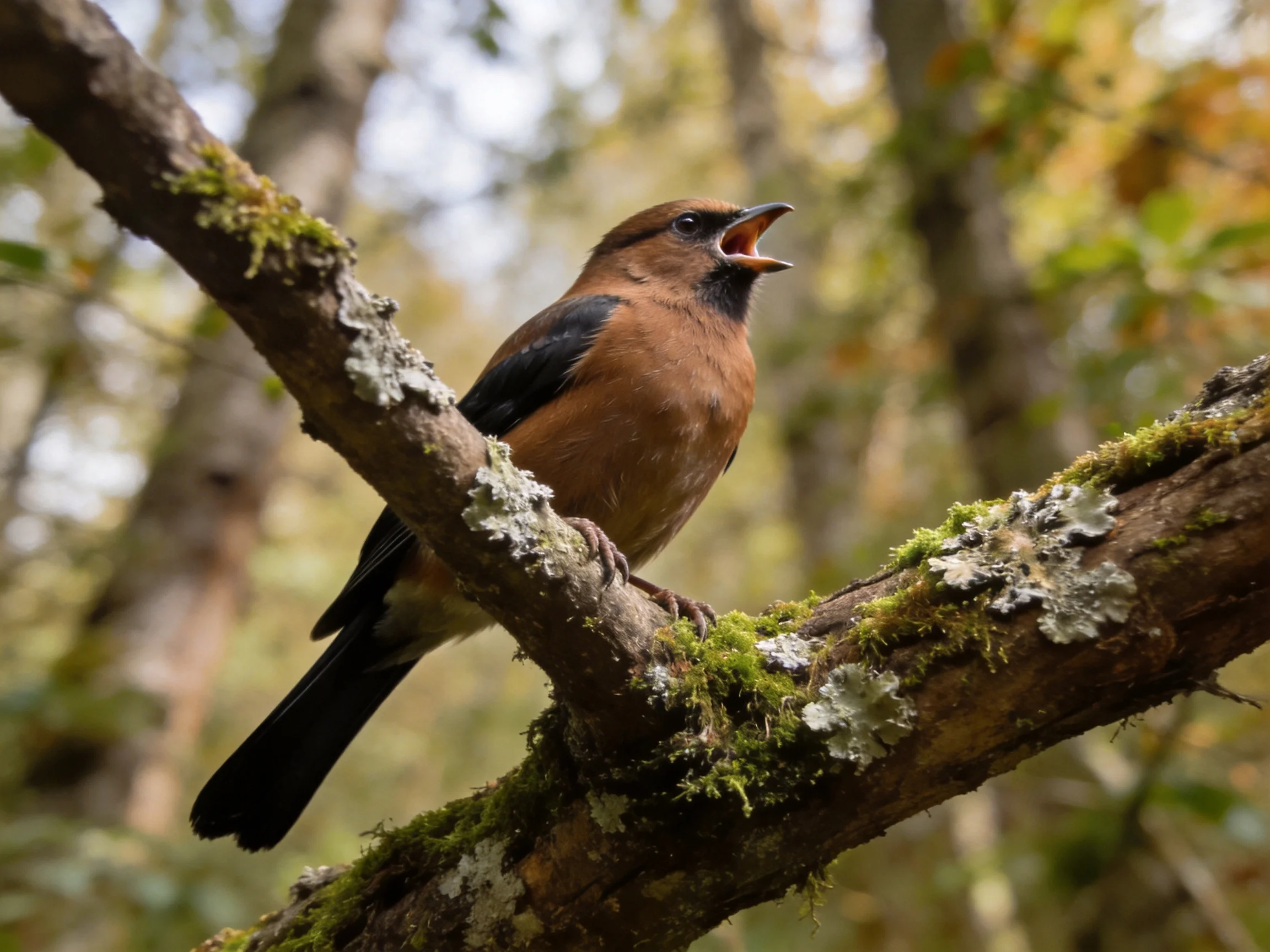 A brown bird perched on a mossy lichen-covered tree branch