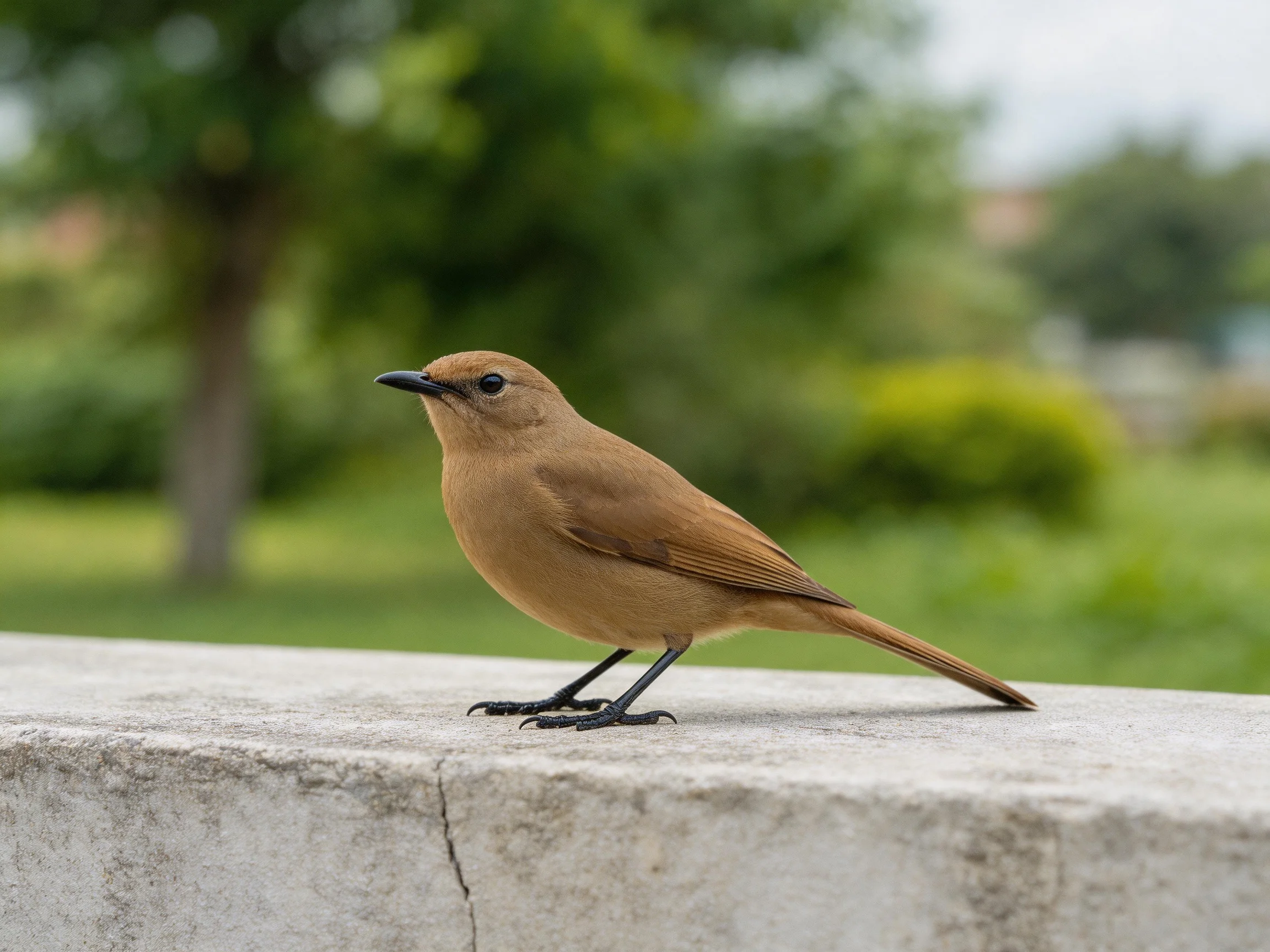 A brown bird perches on a weathered concrete ledge near lush greenery.