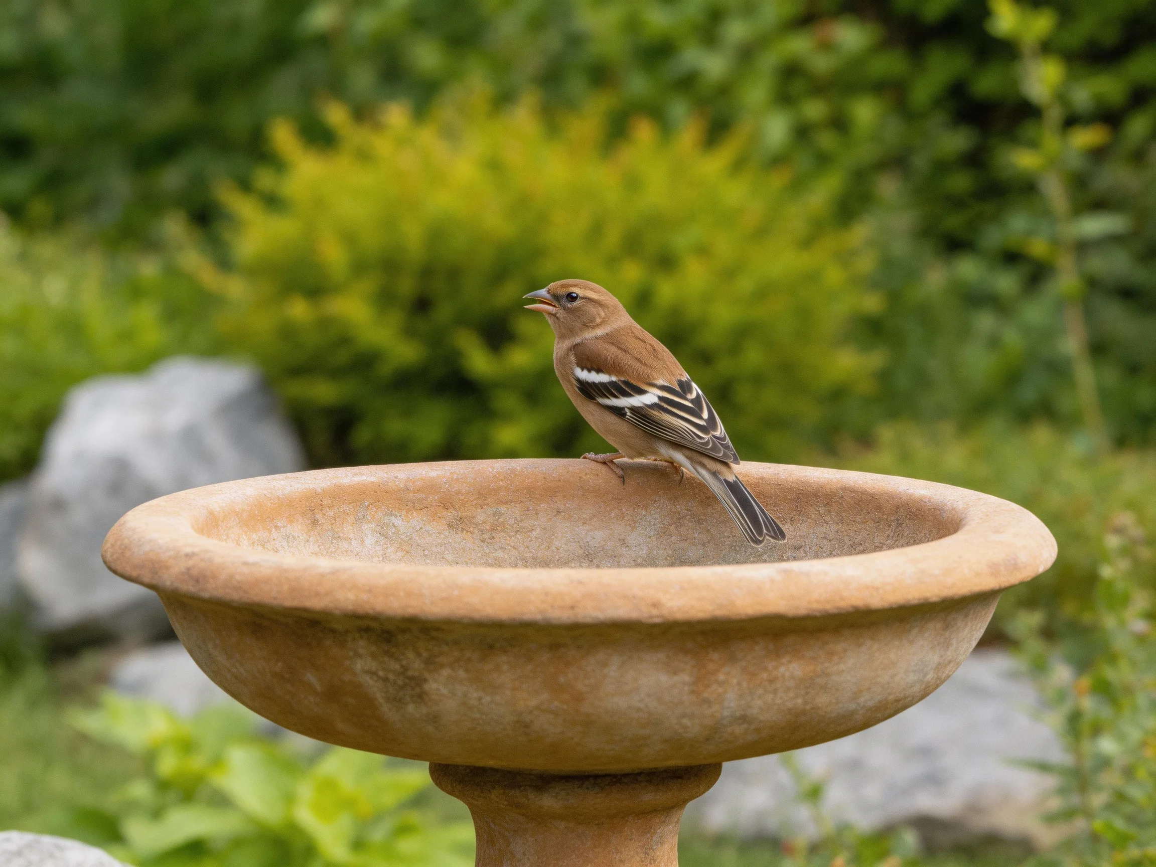 A brown bird perches on a weathered stone birdbath amid lush greenery.