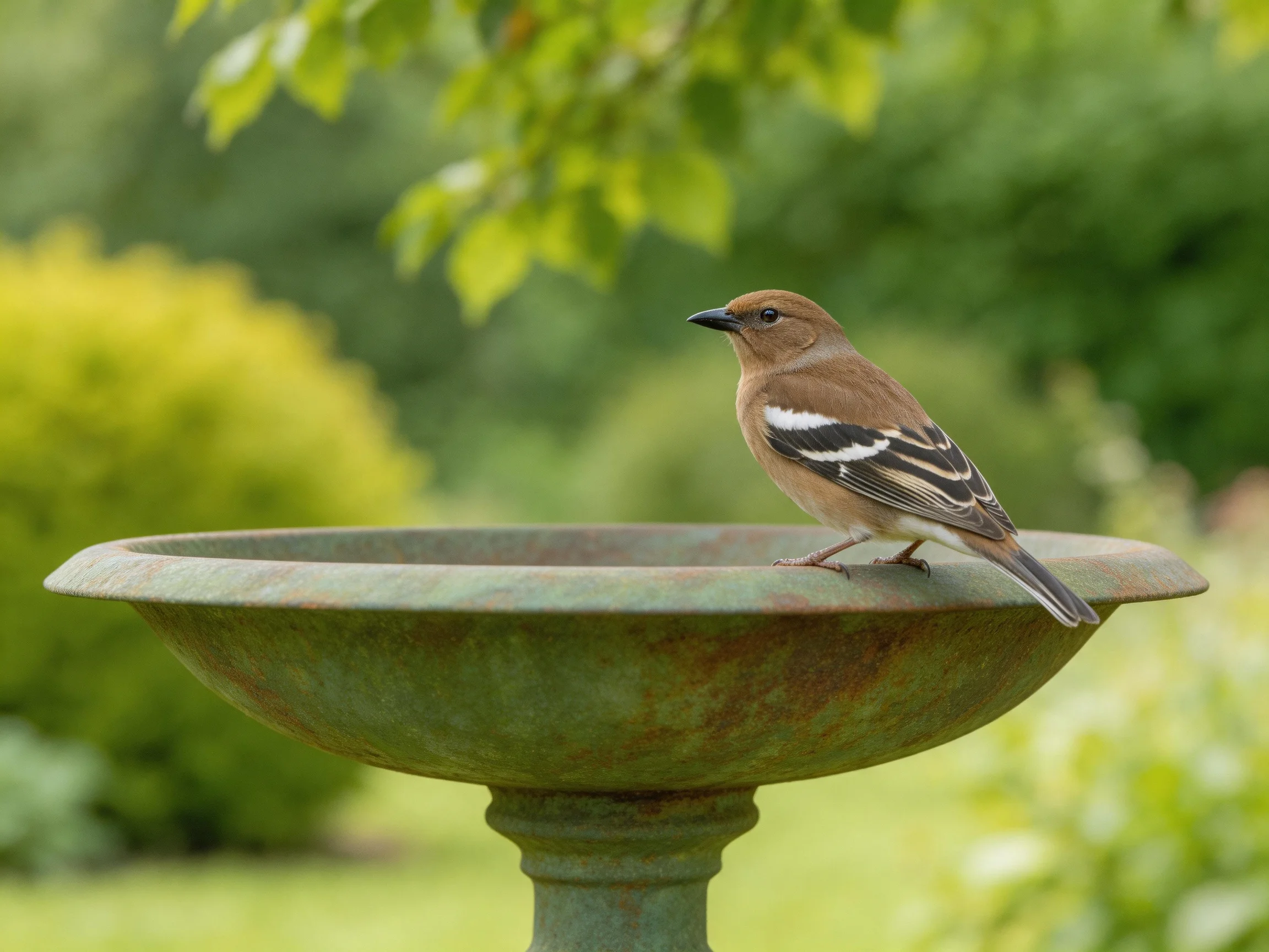 A brown bird perches on an aged green birdbath amid lush foliage