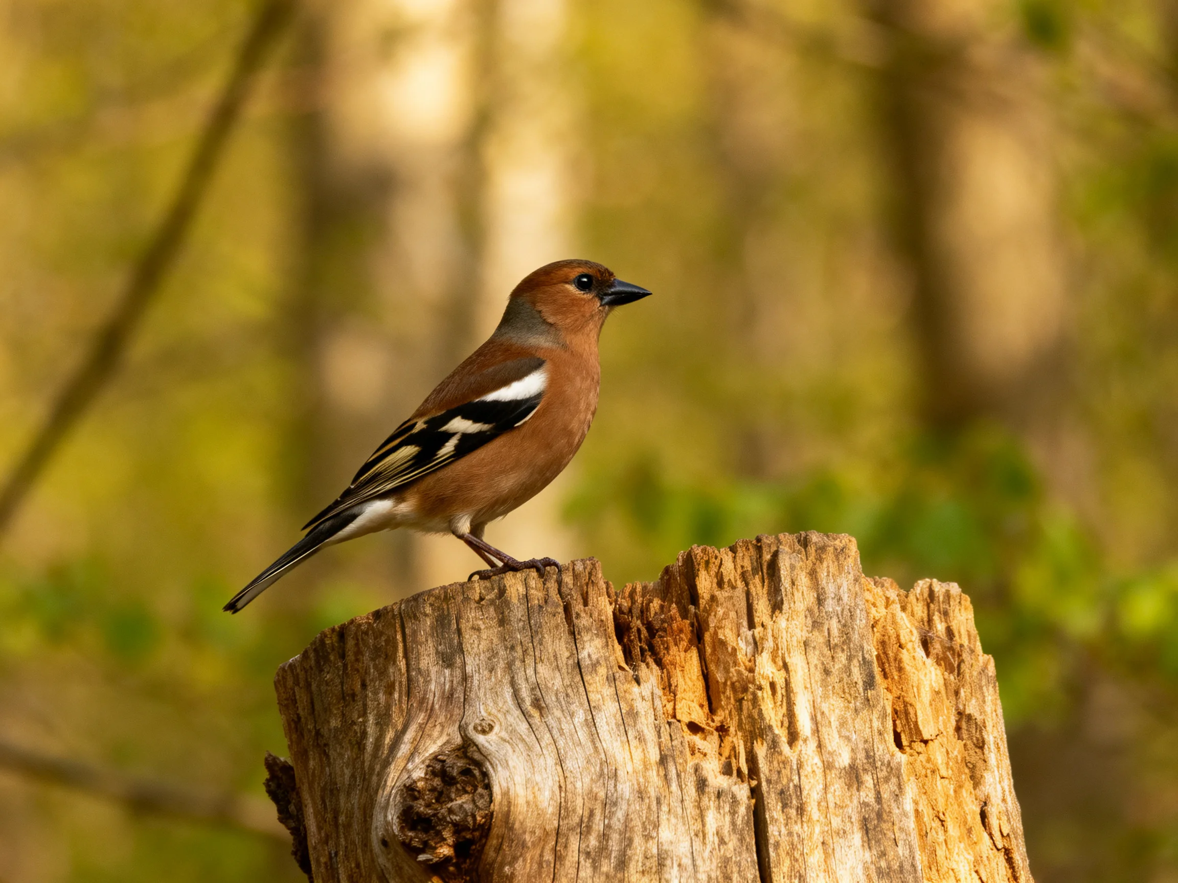A brown bird perches on an aged wooden stump amidst sunlit forest