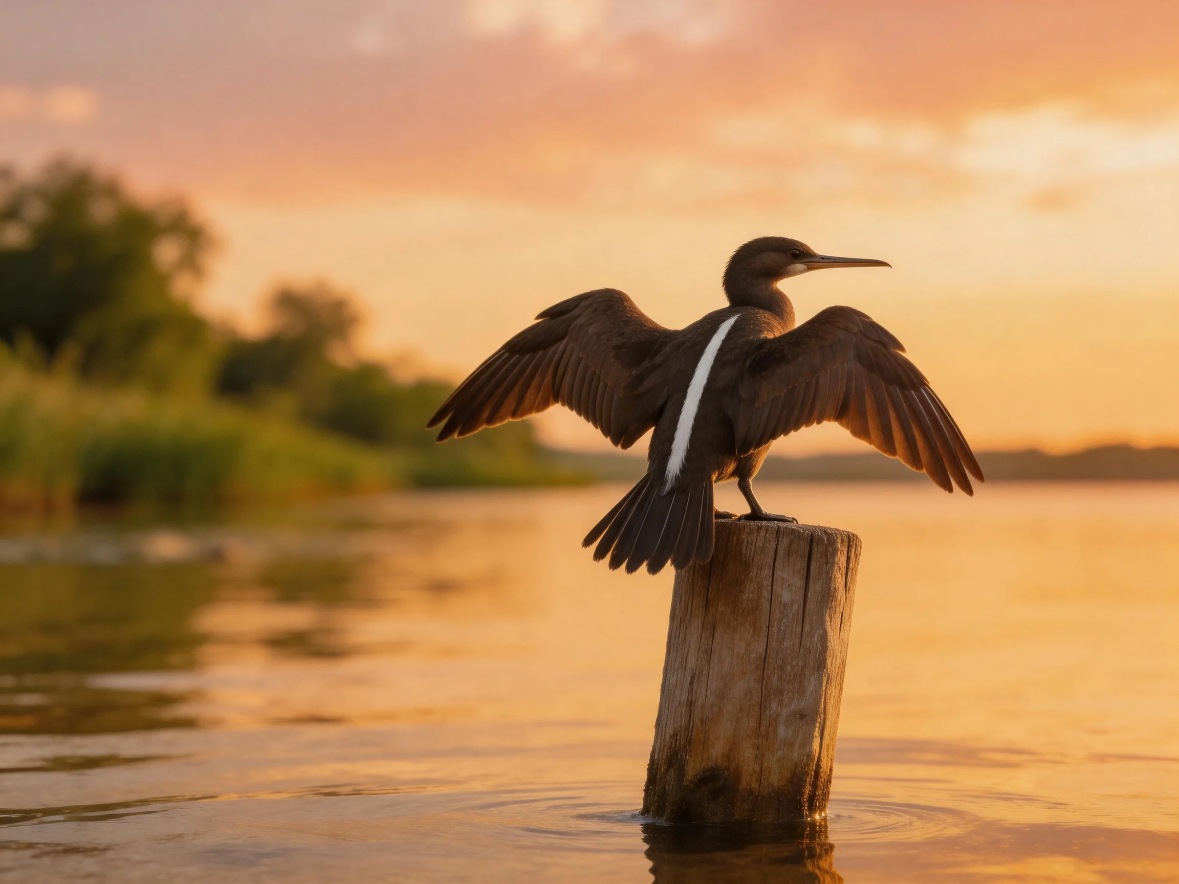 A brown bird spreads wings on a wooden post by calm water at sunset