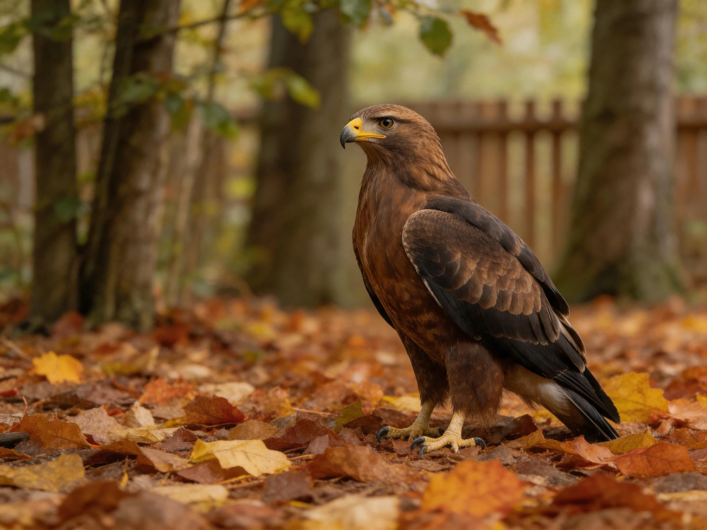 A brown bird stands on autumn leaves near trees
