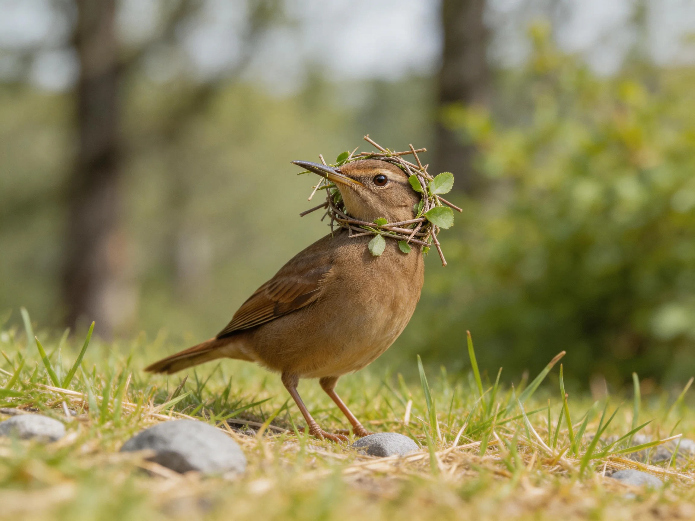 A brown bird wearing a leafy twig crown