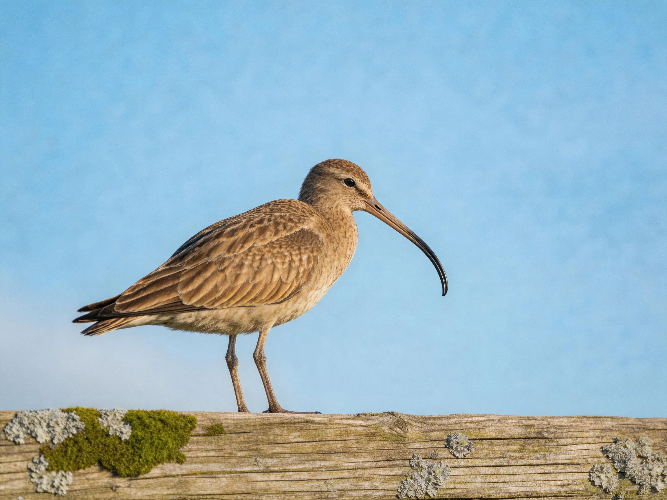 A brown bird with a long curved beak perches on a moss-covered wooden plank