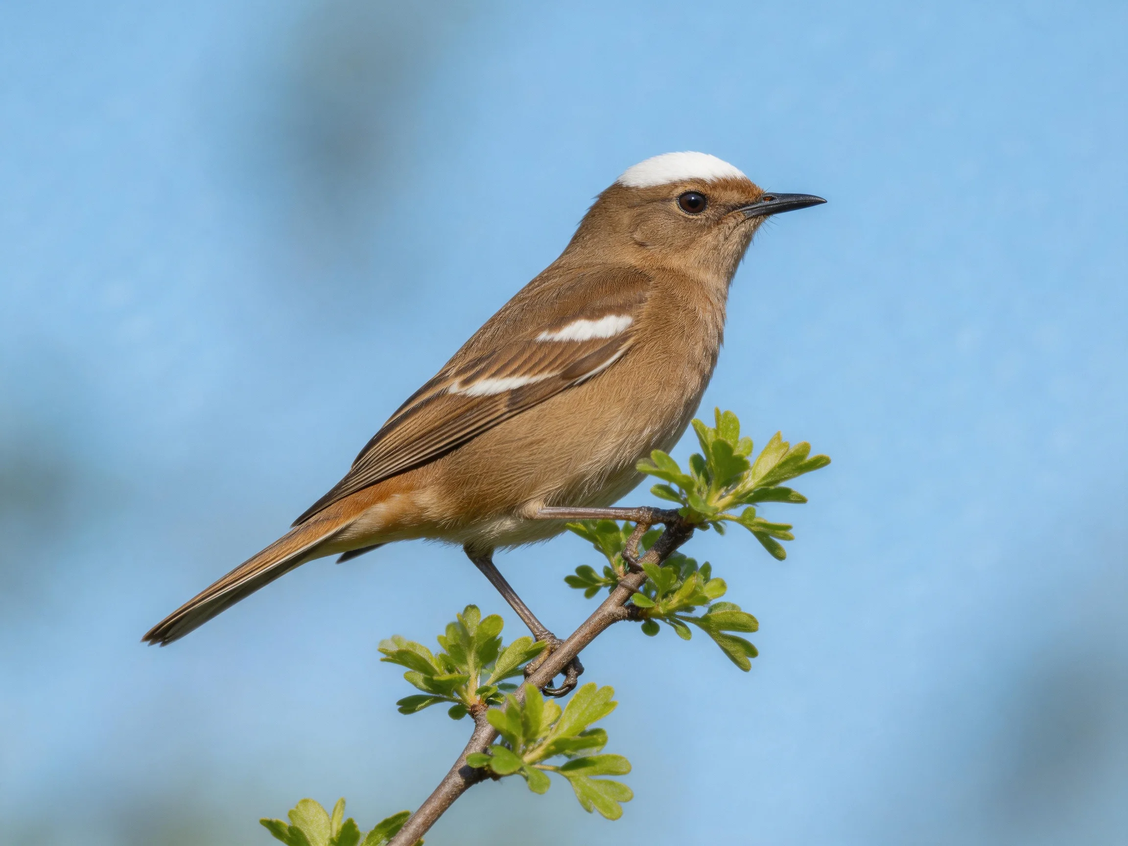 A brown bird with a white cap perches on a leafy branch