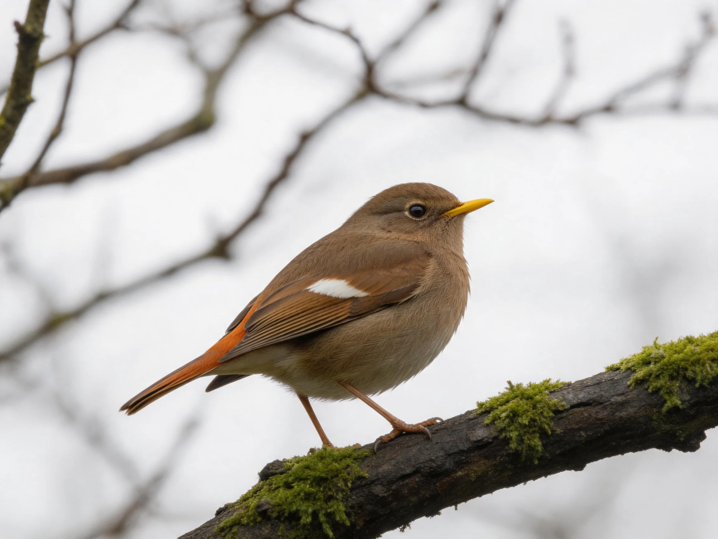 A brown bird with an orange tail perches on a moss-covered branch