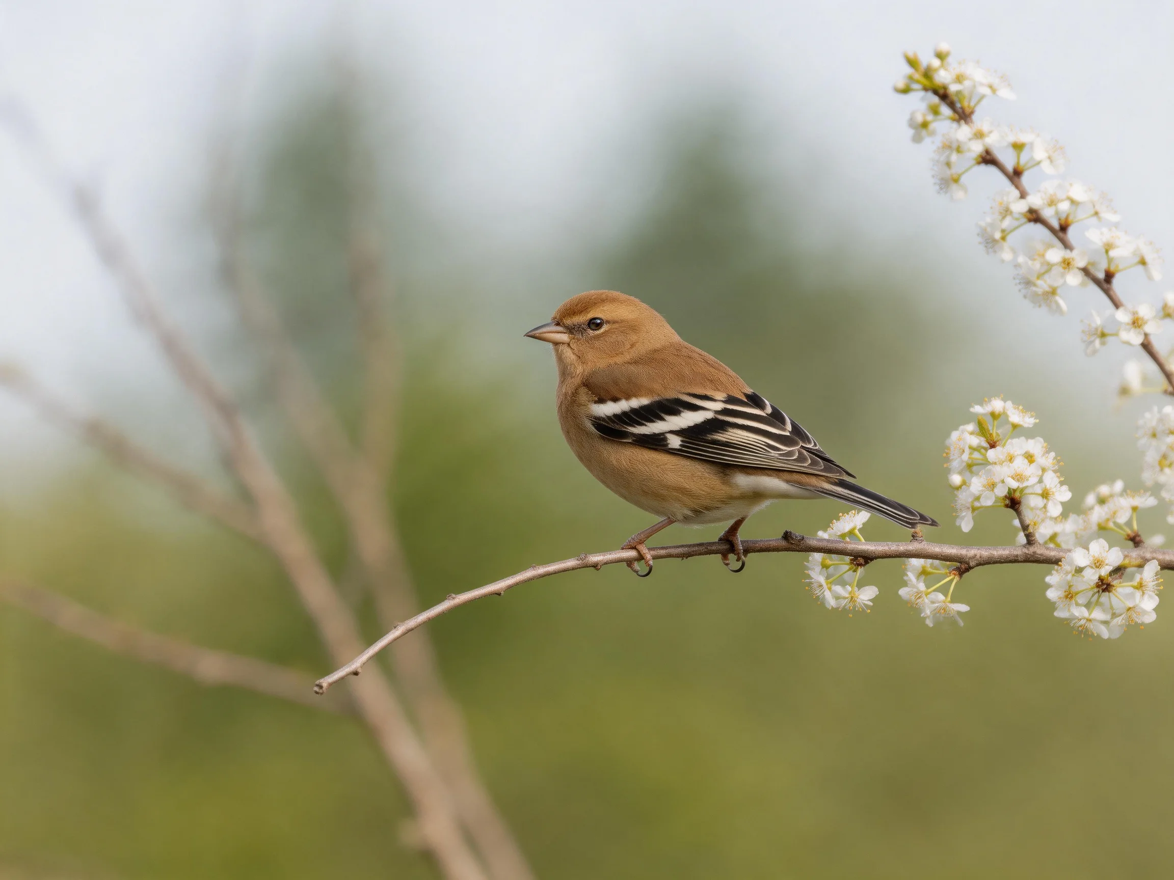 A brown bird with distinctive wing patterns rests on a branch with white blooms.