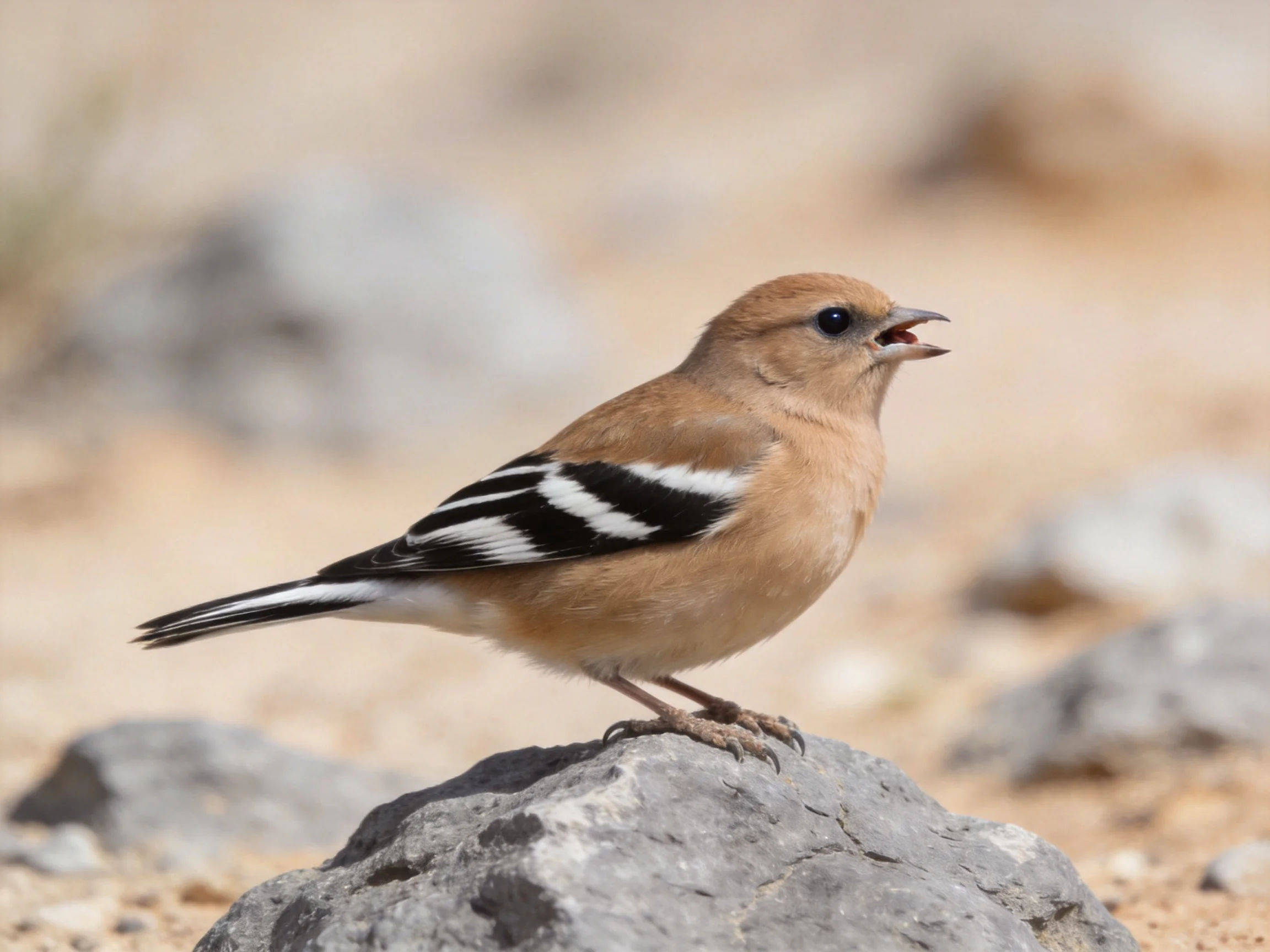 A brown bird with black-and-white wing markings rests on a gray rock amid rocky terrain.