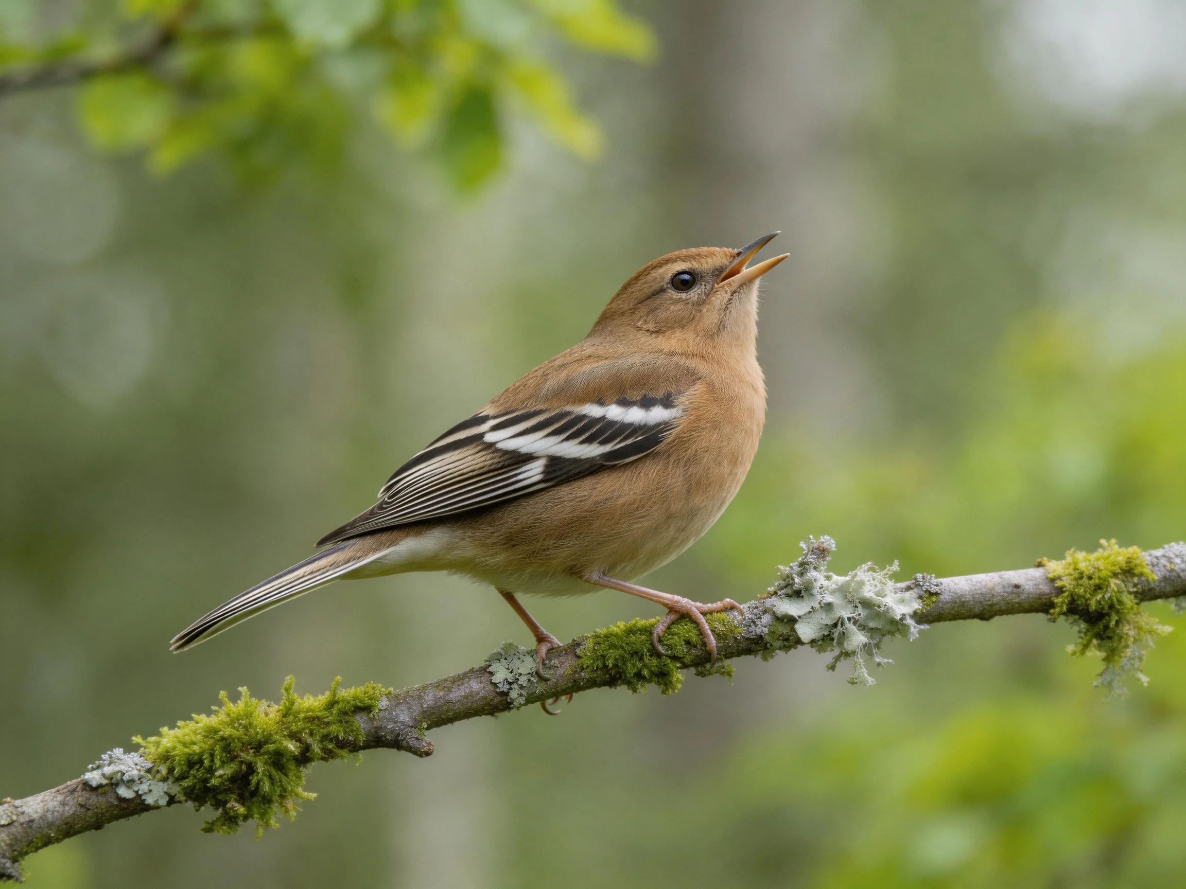 A brown bird with black-and-white wing markings rests on amossy branch.
