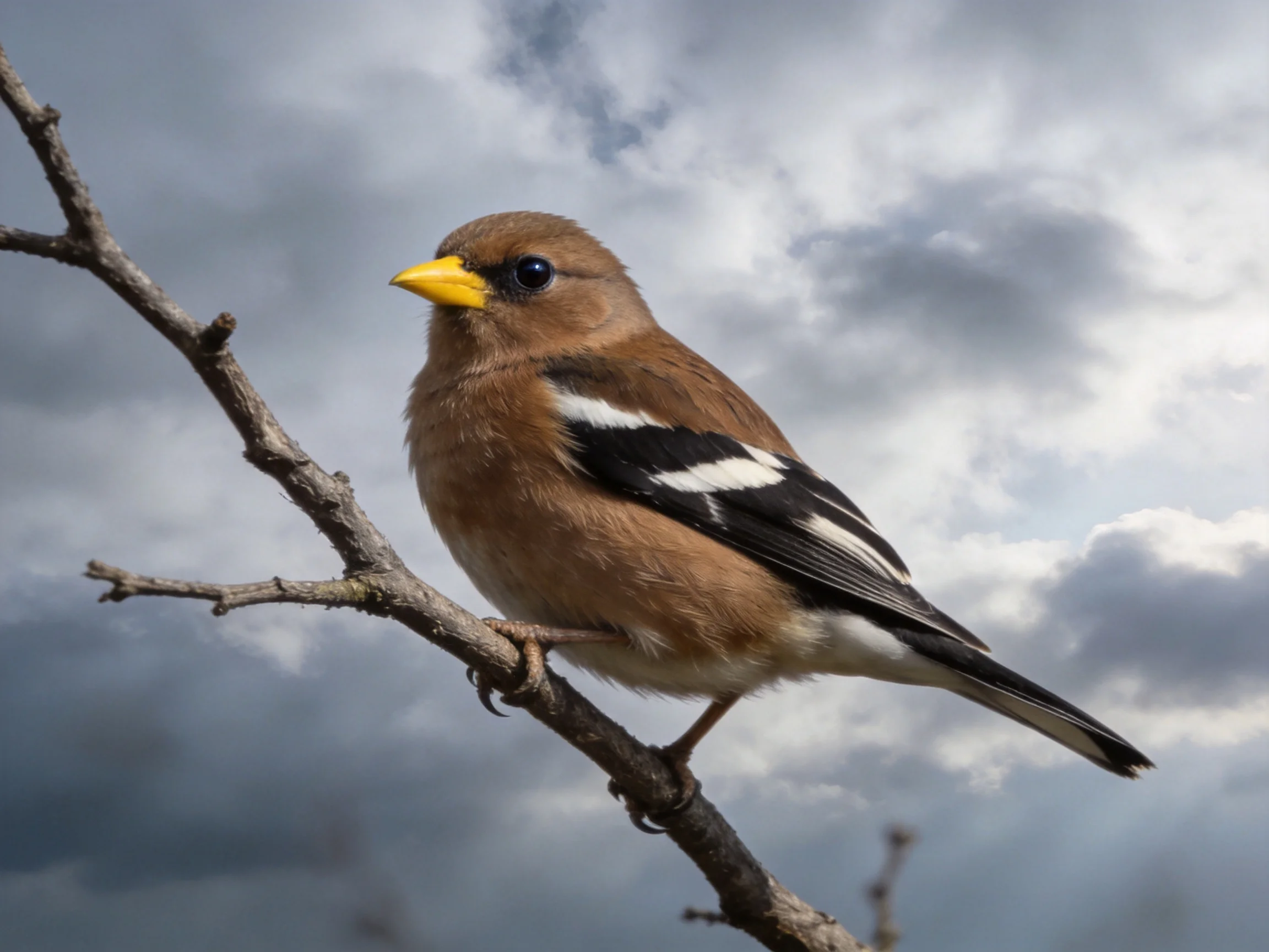 A brown bird with black-and-white wing markings perches on a thin branch