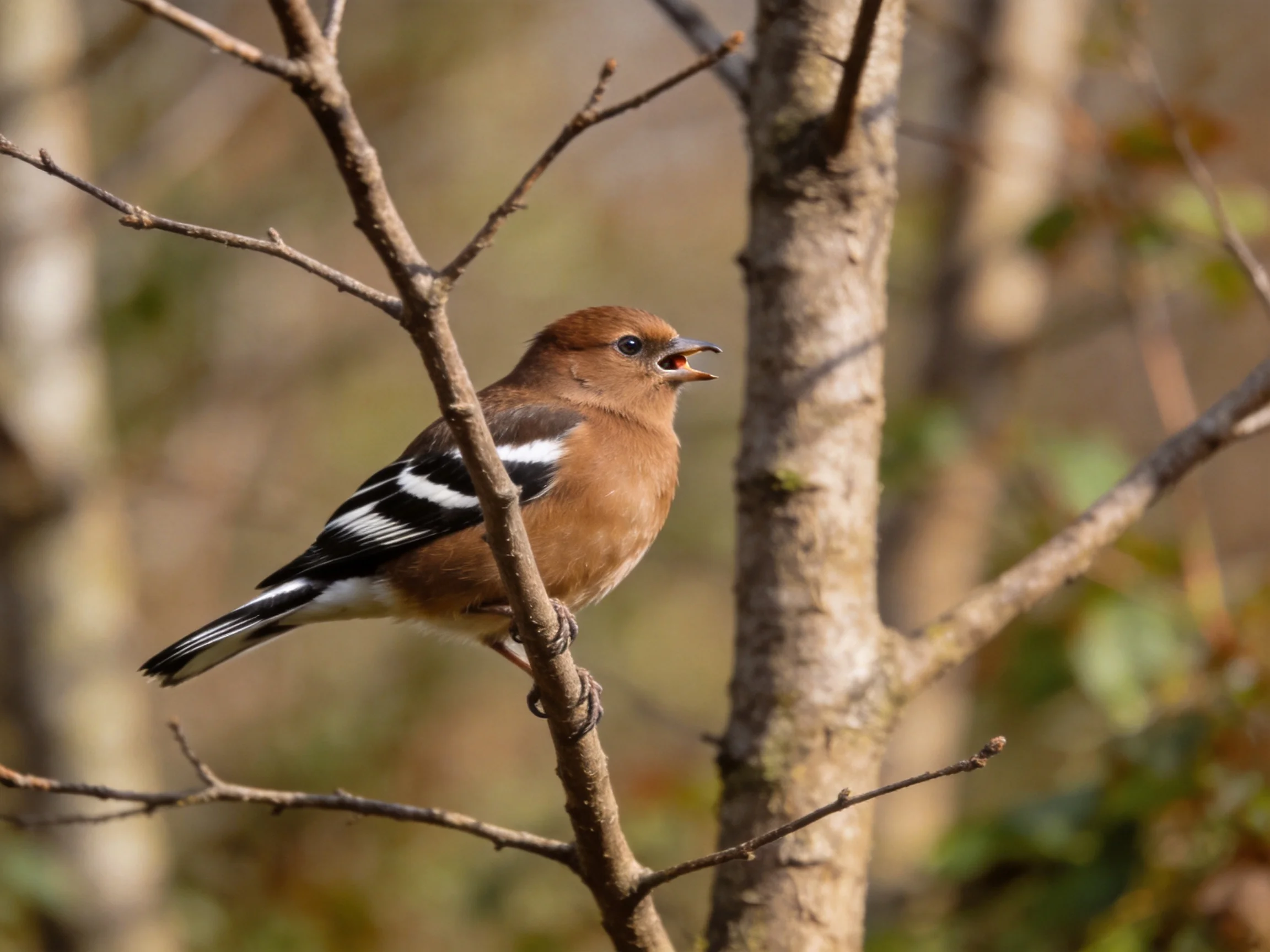 A brown bird with black-and-white wing patterns perched on a tree branch