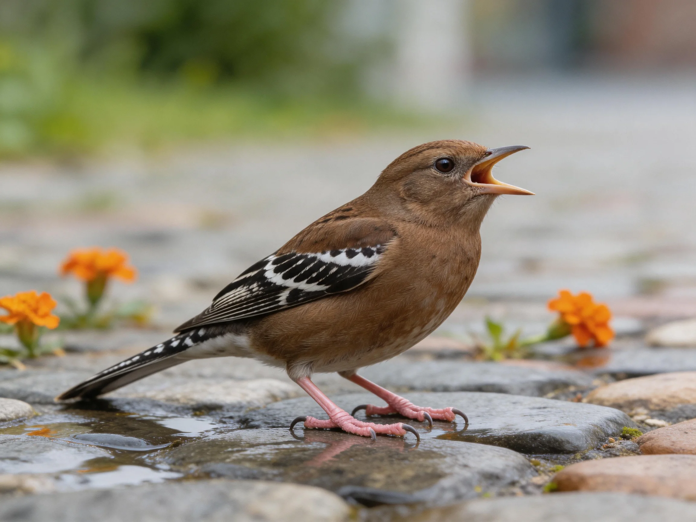 A brown bird with distinctive wing patterns stands on wet stones next to orange blooms.