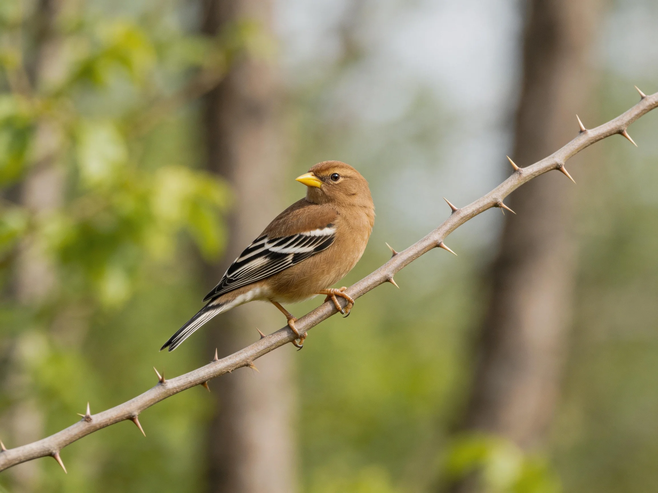 A brown bird with black-and-white wings rests on a thorny branch.