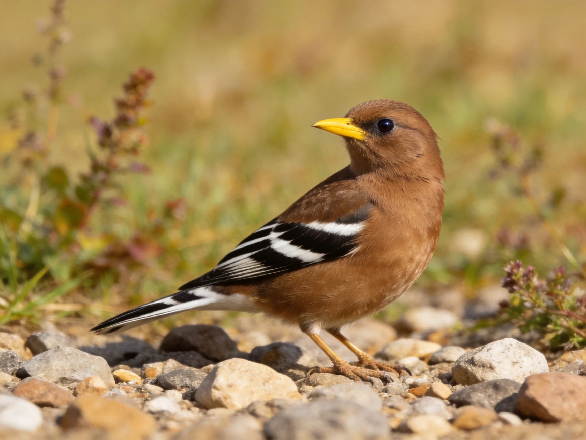 A brown bird with black-and-white wings on rocky ground