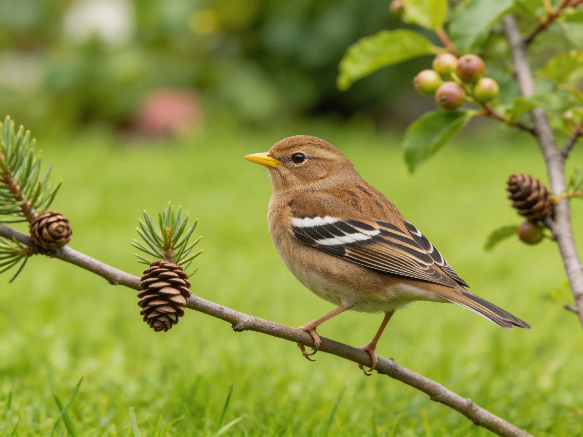 A brown bird with distinctive wing markings rests on a branch among pinecones and foliage.